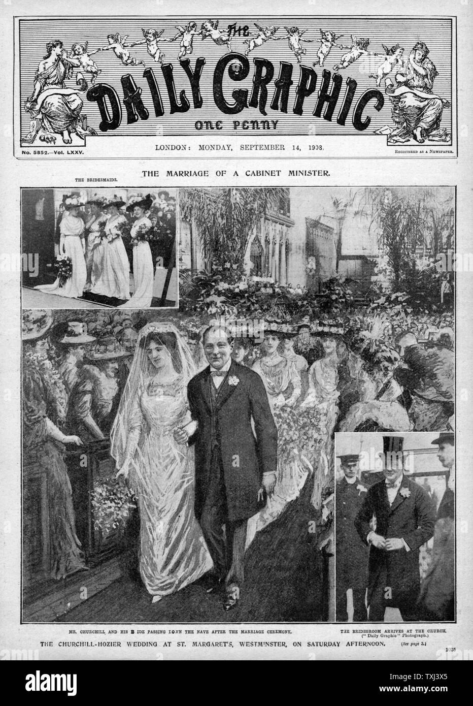 1908 Daily Graphic page avant mariage de Winston Churchill et Clementine Hozier Banque D'Images