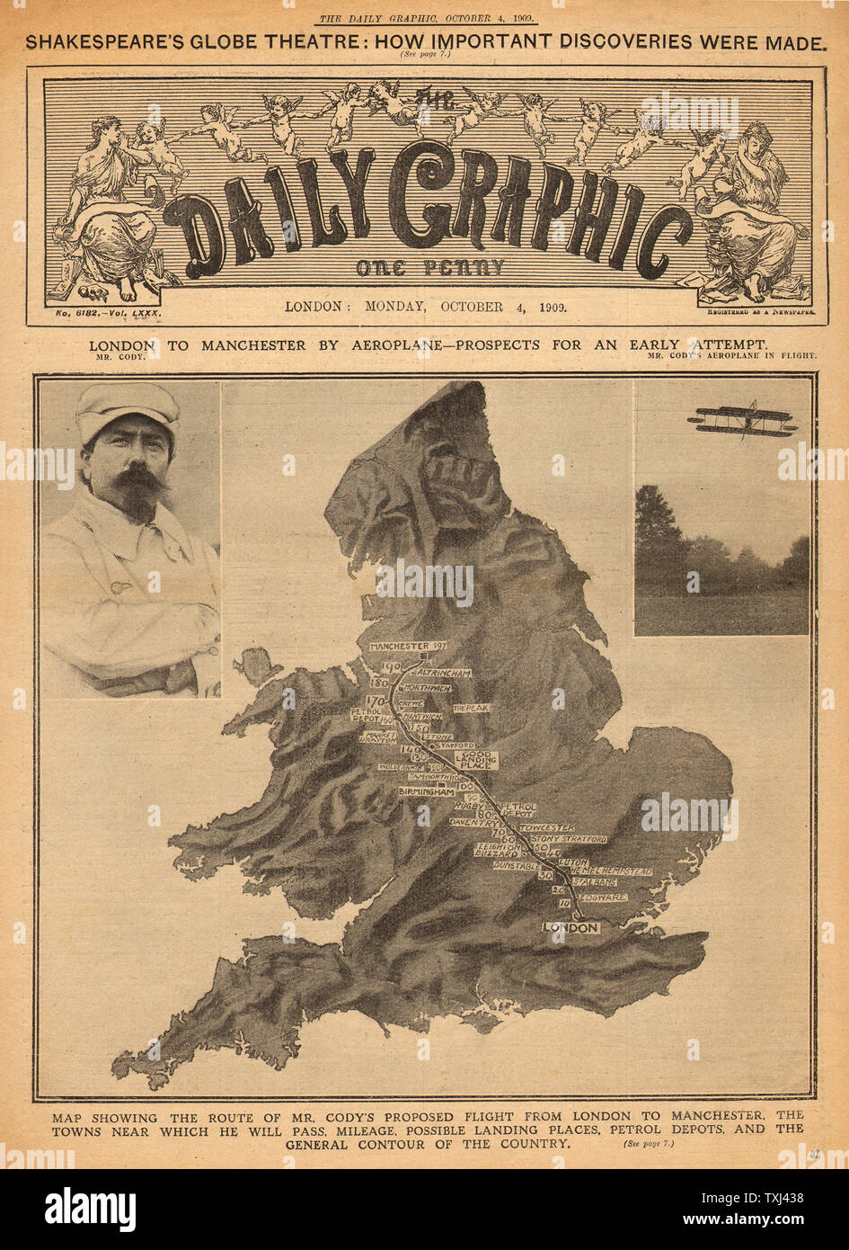 1909 Daily Graphic front page Pioneer aviator Samuel Cody et vol de Londres à Manchester Banque D'Images