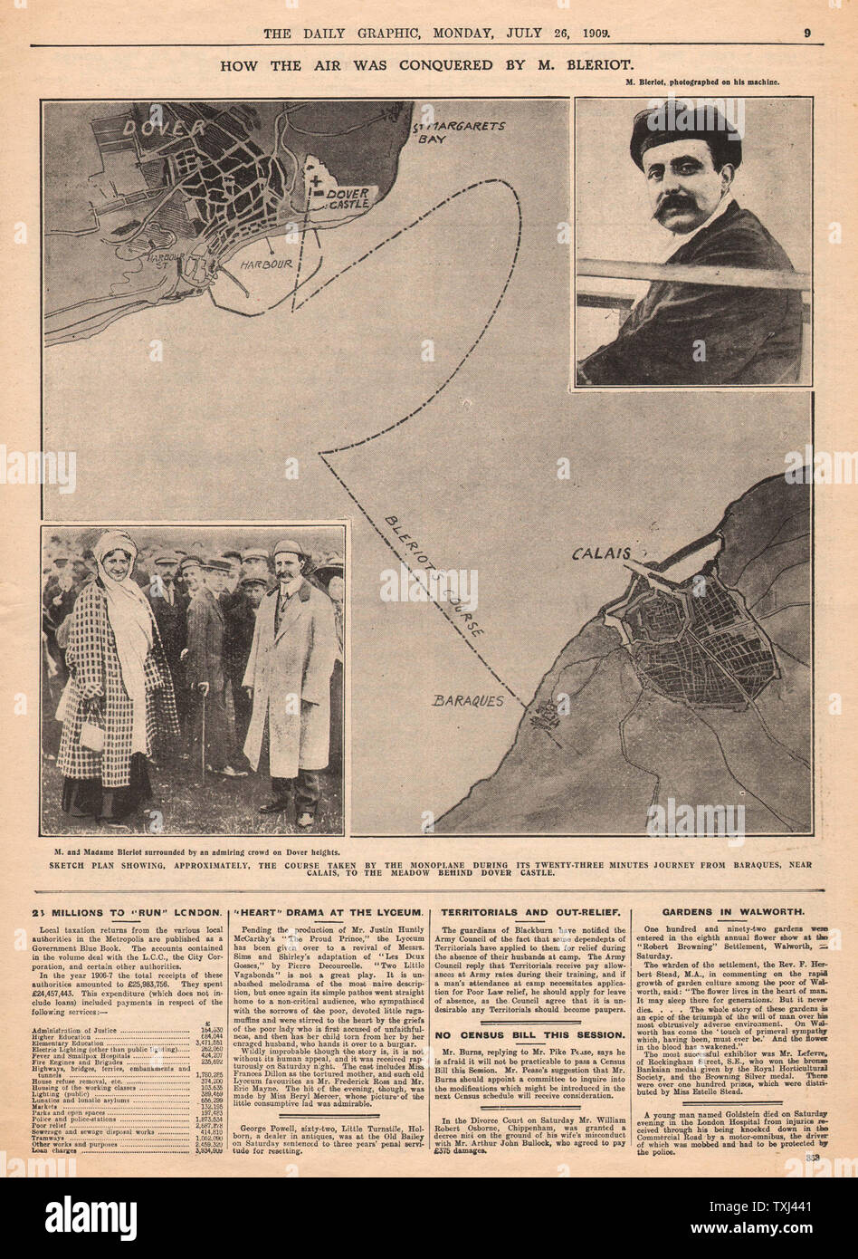 1909 Daily Graphic page 9 Louis Blériot Premier vol transmanche Banque D'Images