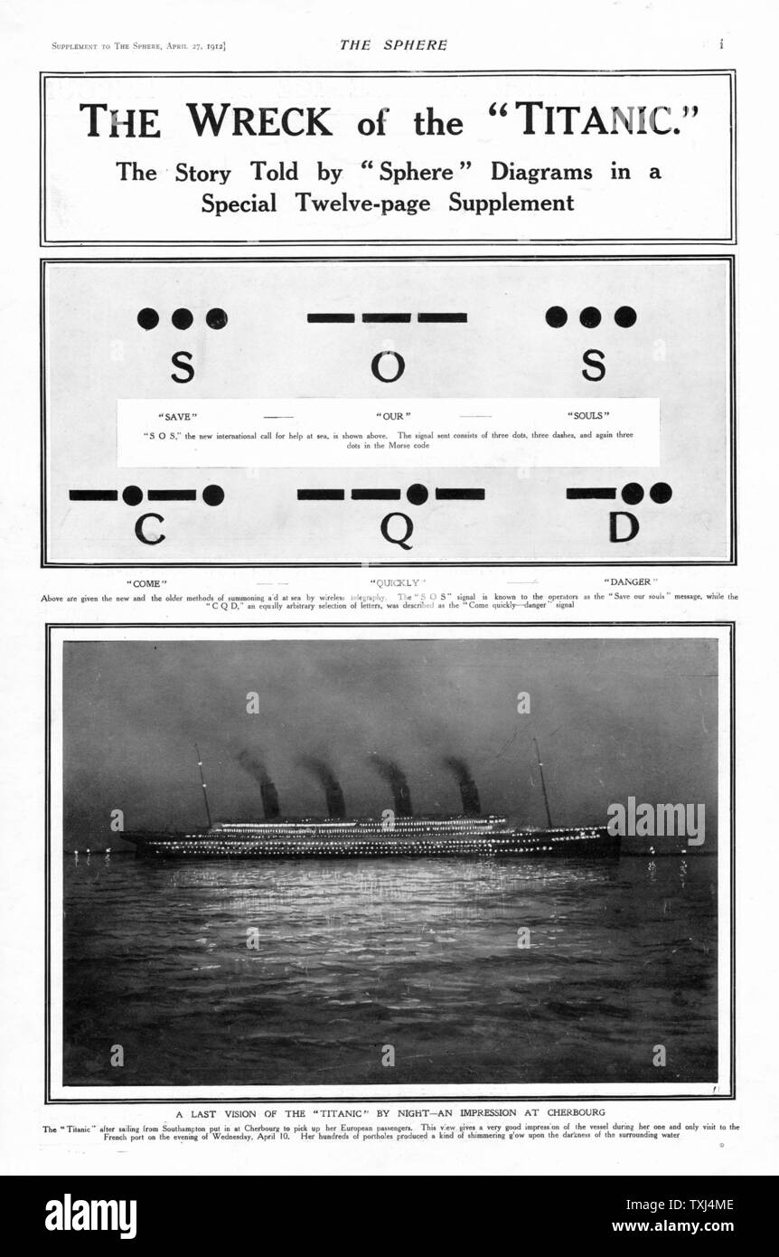 La Sphère 1912 front page magazine SOS catastrophe Titanic Banque D'Images