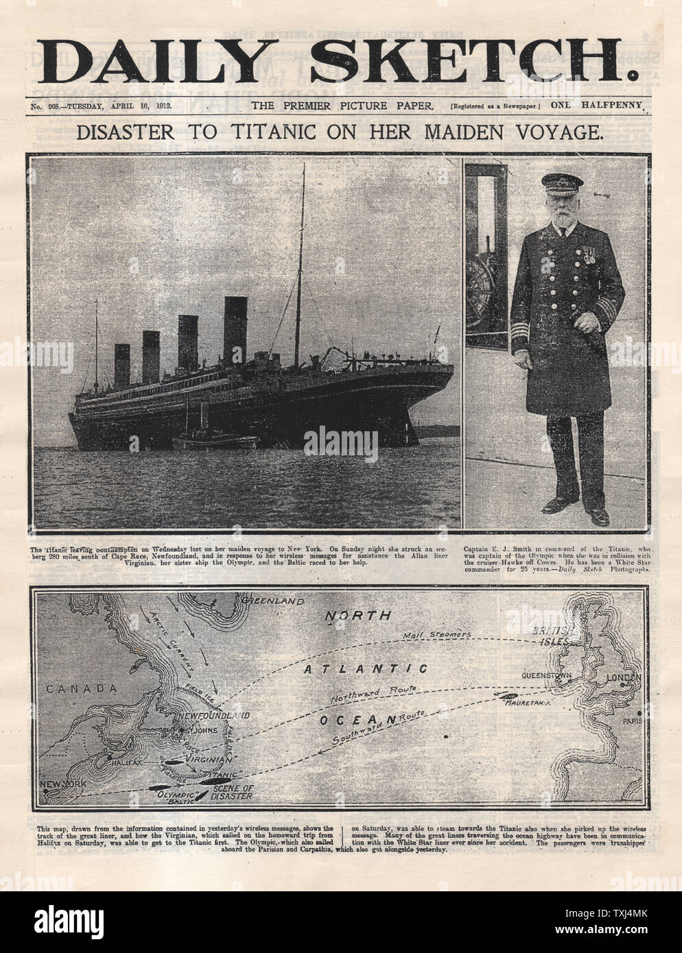1912 Daily Sketch page avant la catastrophe du Titanic Banque D'Images