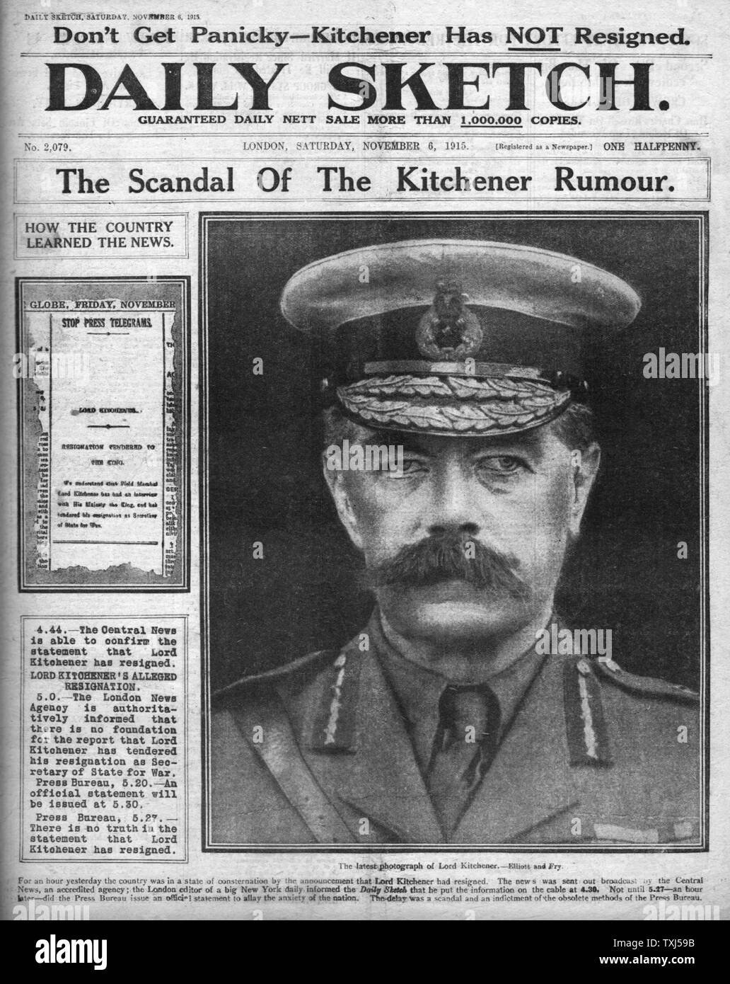 1915 Daily Sketch page de Lord Kitchener et le scandale du Shell Banque D'Images
