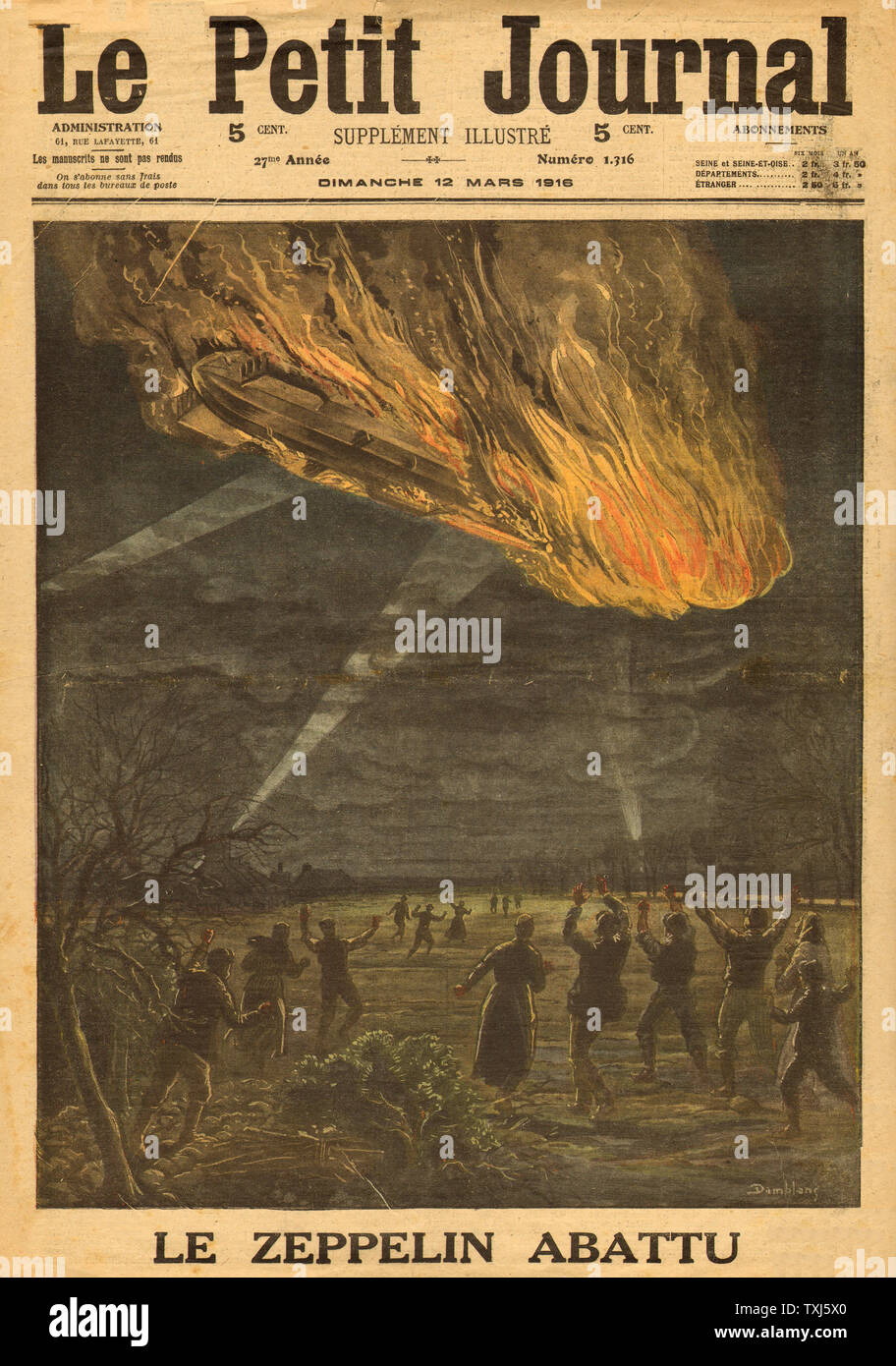 1916 Le Petit Journal/la page Déclaration des accidents à terre Zeppelin Banque D'Images