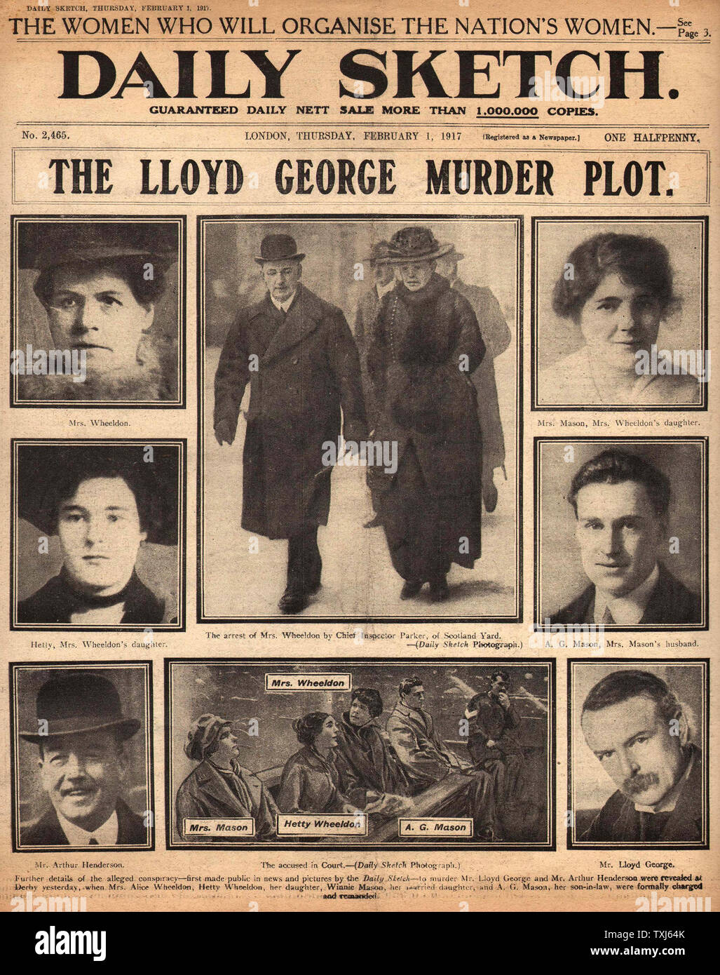 1917 Daily Sketch/la page déclaration PM Lloyd George Complot & Trial Banque D'Images