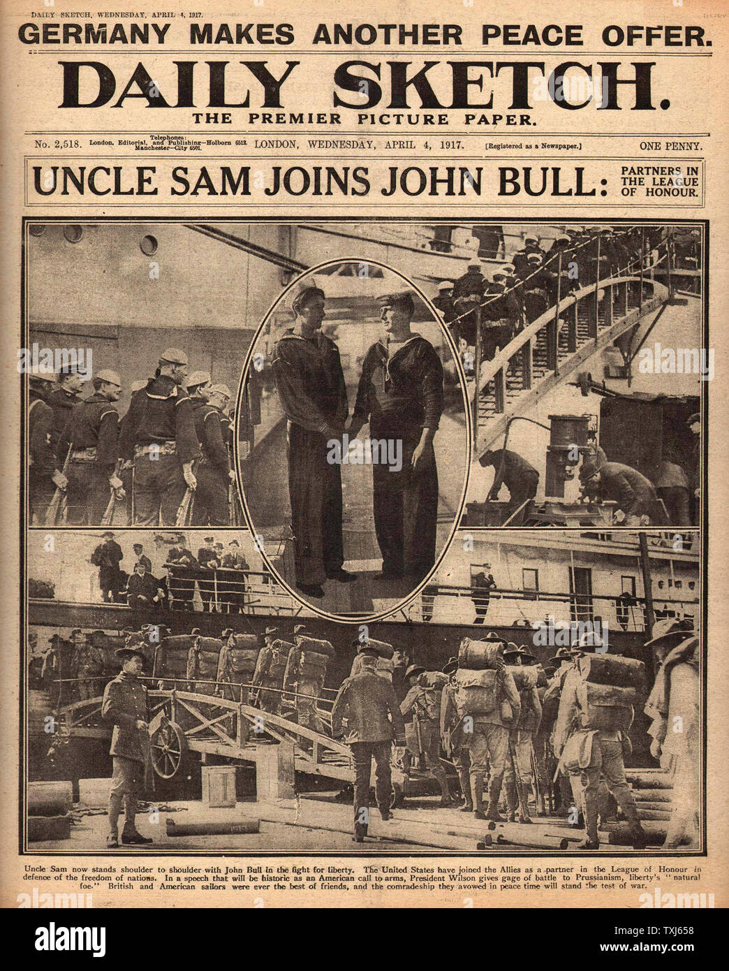 1917 Daily Sketch/la page déclaration USA déclare la guerre à l'Allemagne Banque D'Images