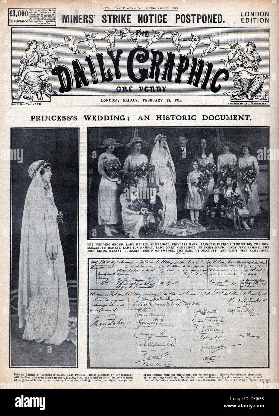 1919 Daily Graphic/la page déclaration du mariage de la princesse Patricia de Connaught et Alexander Ramsay Banque D'Images