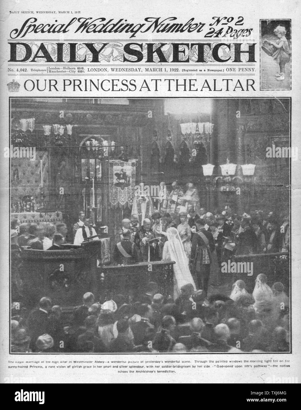 1922 Daily Sketch/la page déclaration Princess Mary Mariage Royal au vicomte Lascelles Banque D'Images