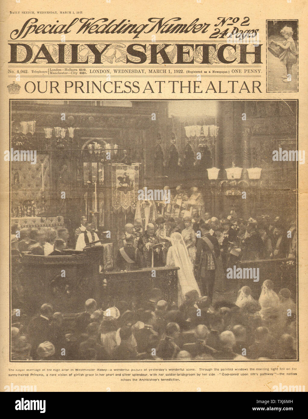 1922 Daily Sketch/la page déclaration Princess Mary Mariage Royal au vicomte Lascelles Banque D'Images