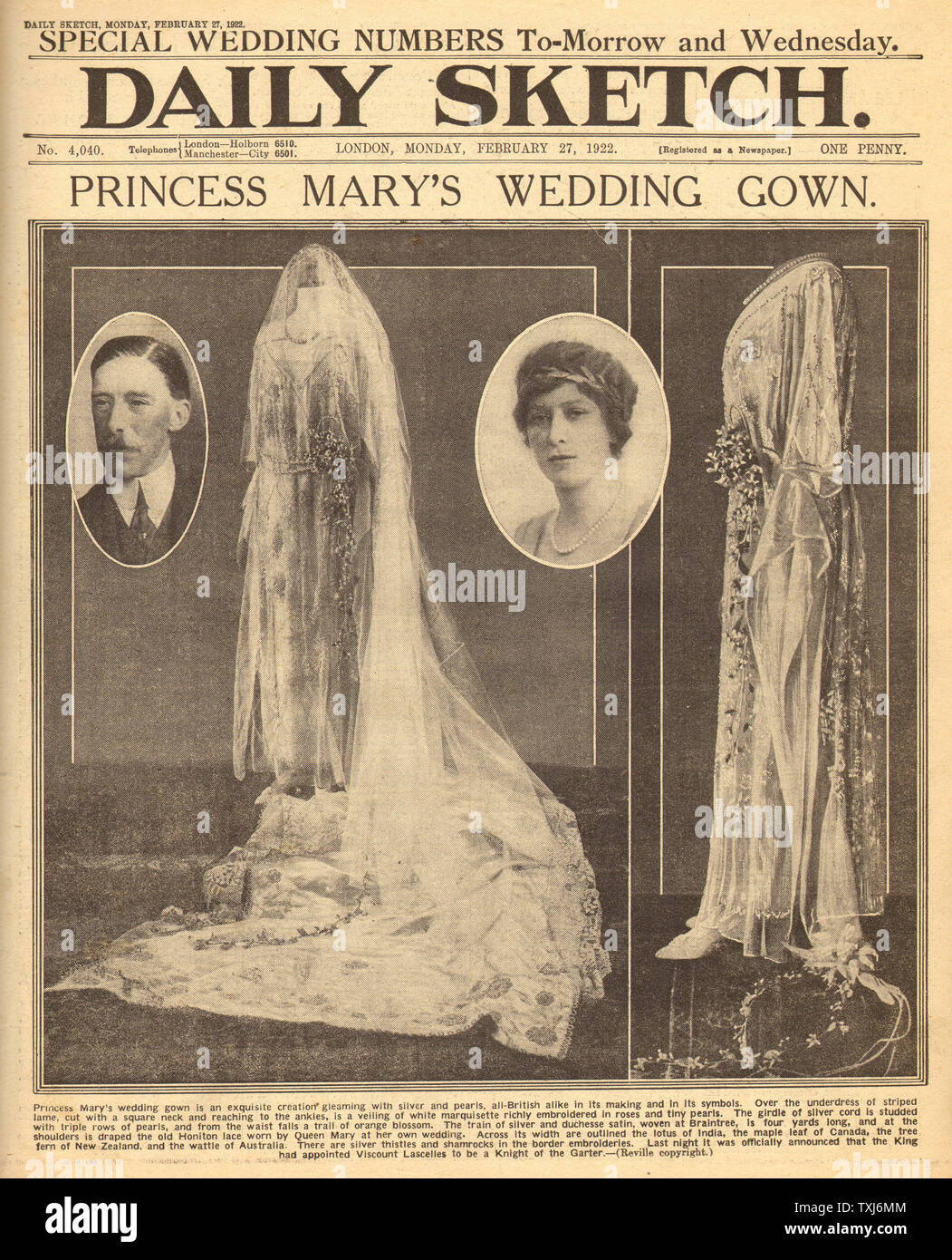 1922 Daily Sketch/la page déclaration Princess Mary's nuptiale de robe de mariage royal au vicomte Lascelles Banque D'Images