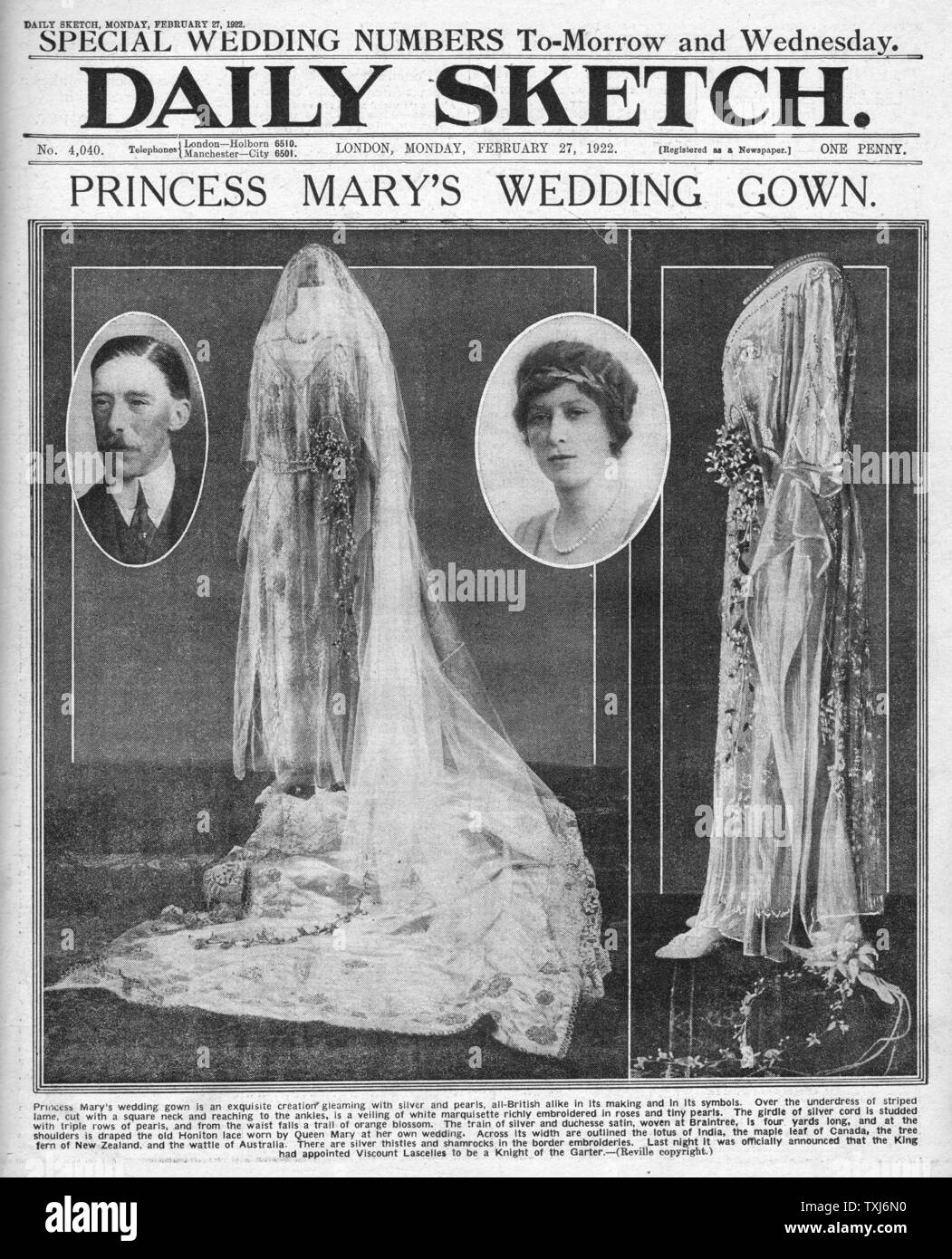 1922 Daily Sketch/la page déclaration Princess Mary's nuptiale de robe de mariage royal au vicomte Lascelles Banque D'Images