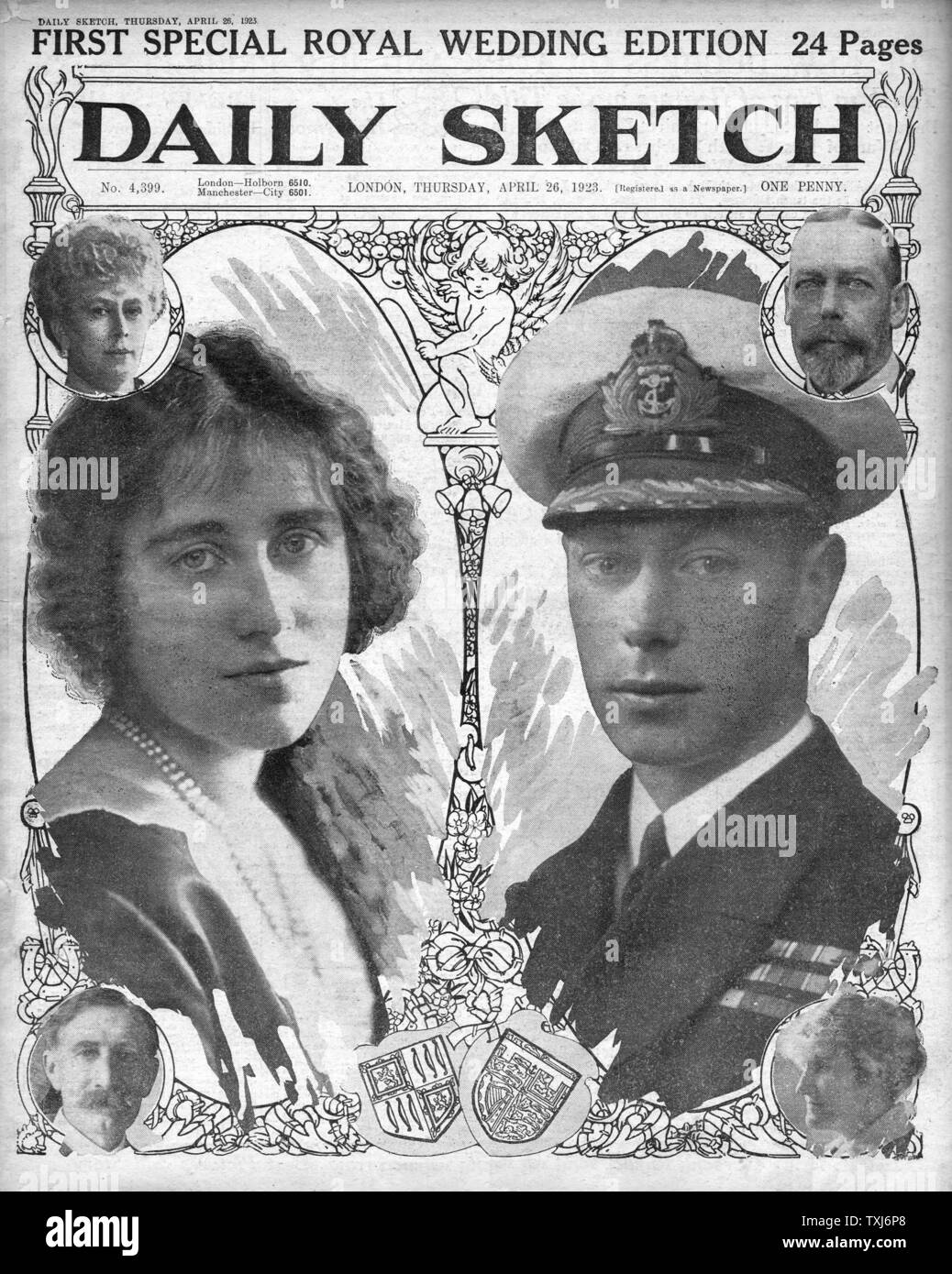 1923 Daily Sketch/la page déclaration Duc de York & Elizabeth Bowes Lyon wedding Banque D'Images