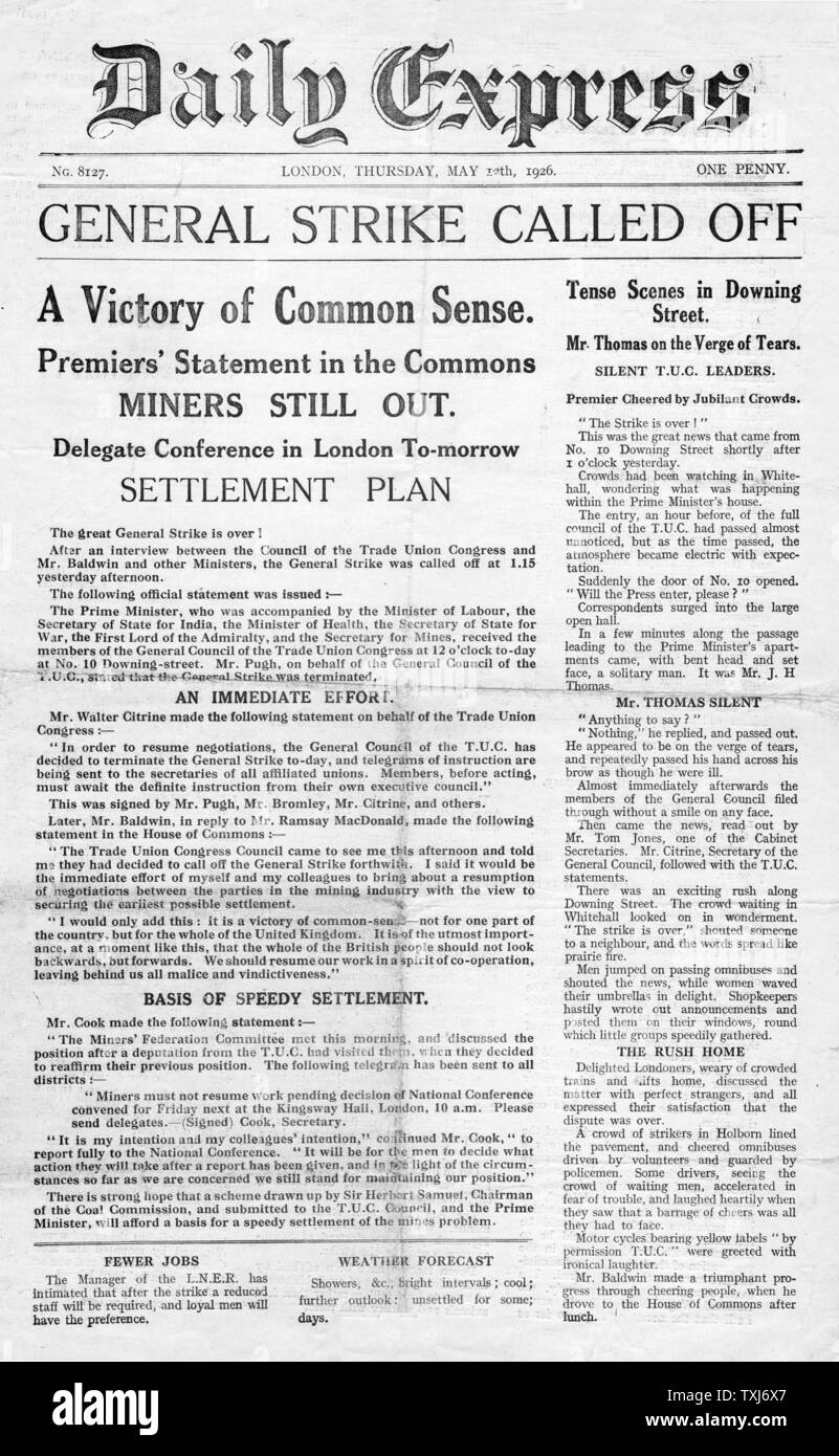 Daily Express Edition 1926 Urgence première page Fin de la grève générale de rapports Banque D'Images