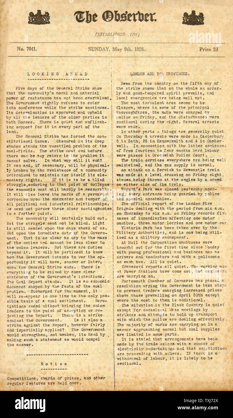 1926 L'observateur avant édition d'urgence la page déclaration de grève générale Banque D'Images