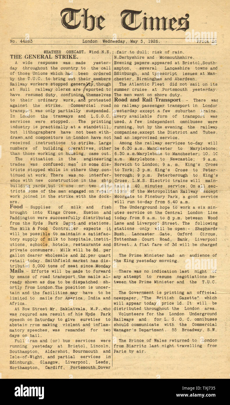 1926 fois l'édition de rapports Page d'urgence avant la grève générale Banque D'Images