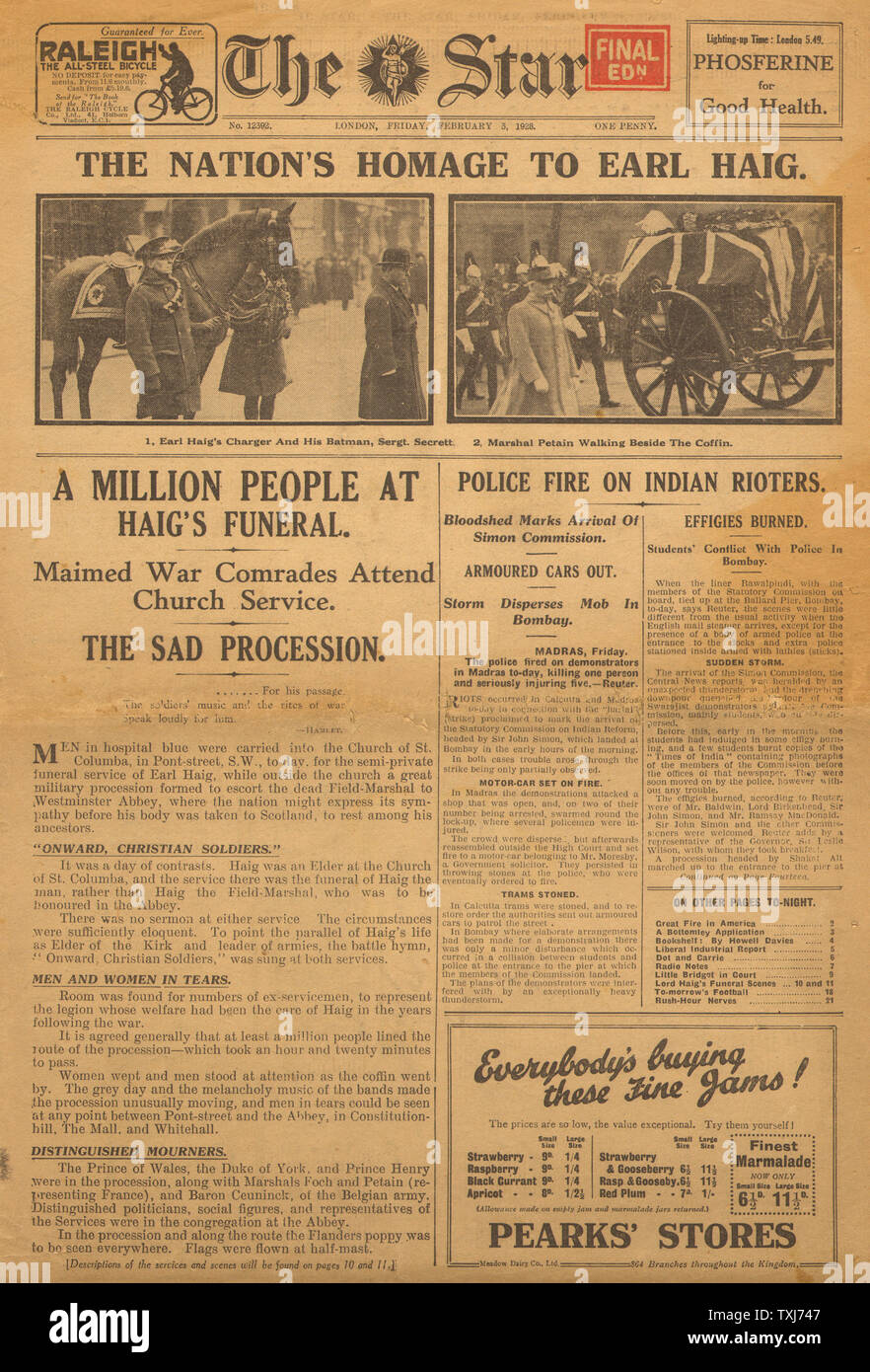 1928 L'Étoile page avant le maréchal Douglas Haig déclaration funeral Banque D'Images