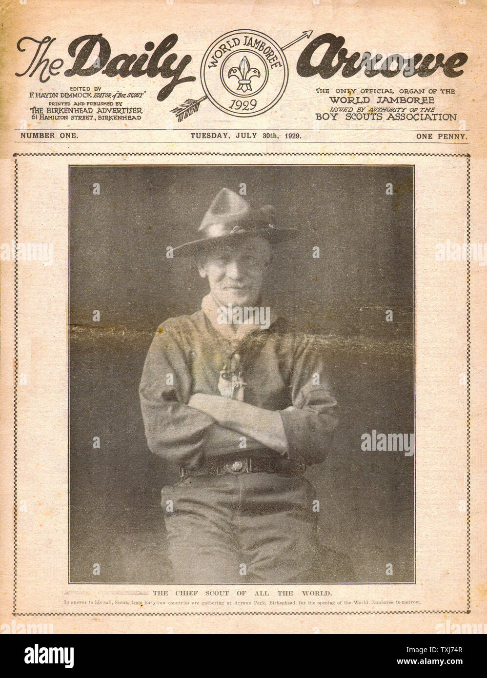 1929 L'Arrowe n°1 dossier la page déclaration Baden-Powell & World Jamboree Scouts Banque D'Images