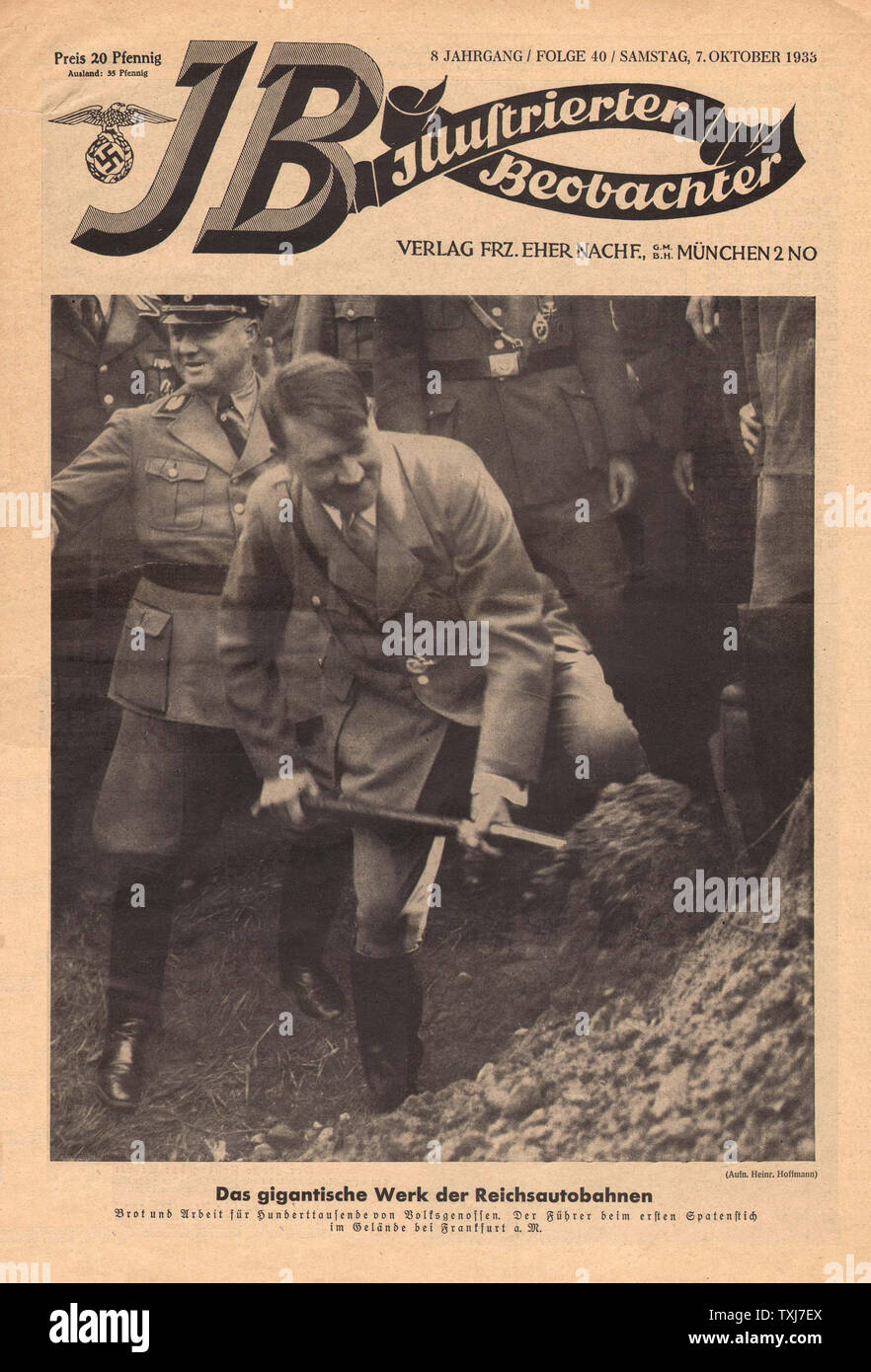 1935 Illustrierte Beobachter/la page déclaration Adolf Hitler contribue à commencer la construction d'Reichs Autobahn près de Francfort Banque D'Images