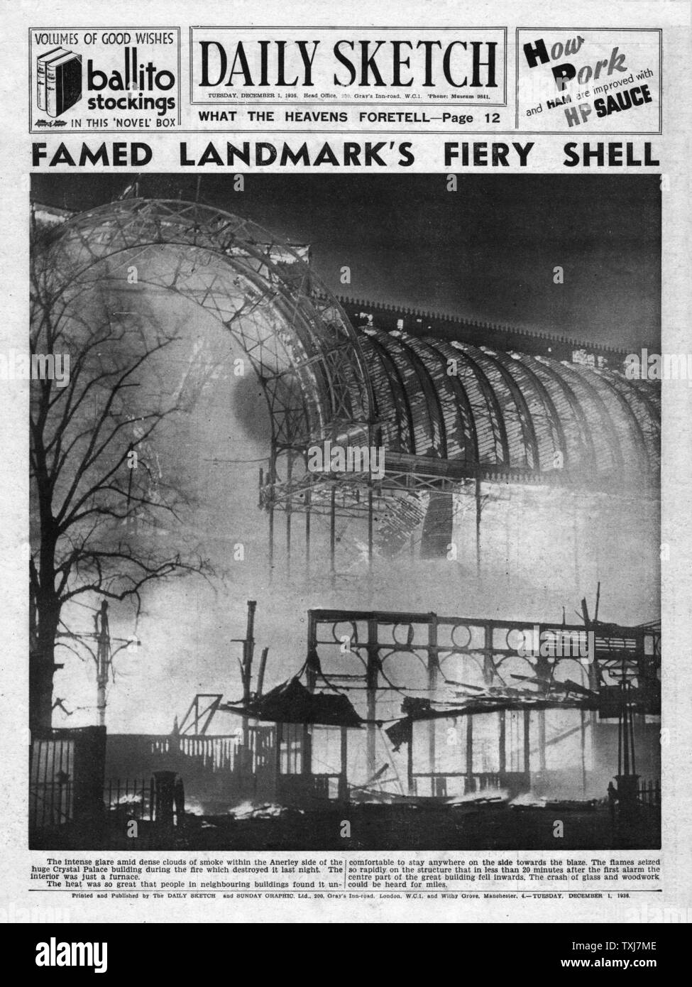 1936 Daily Sketch page avant l'incendie du Palais de Cristal Banque D'Images