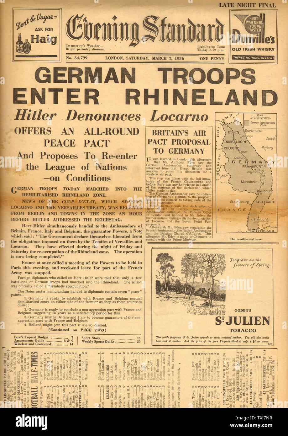 1936 Evening Standard front page les troupes allemandes en Rhénanie mars Banque D'Images