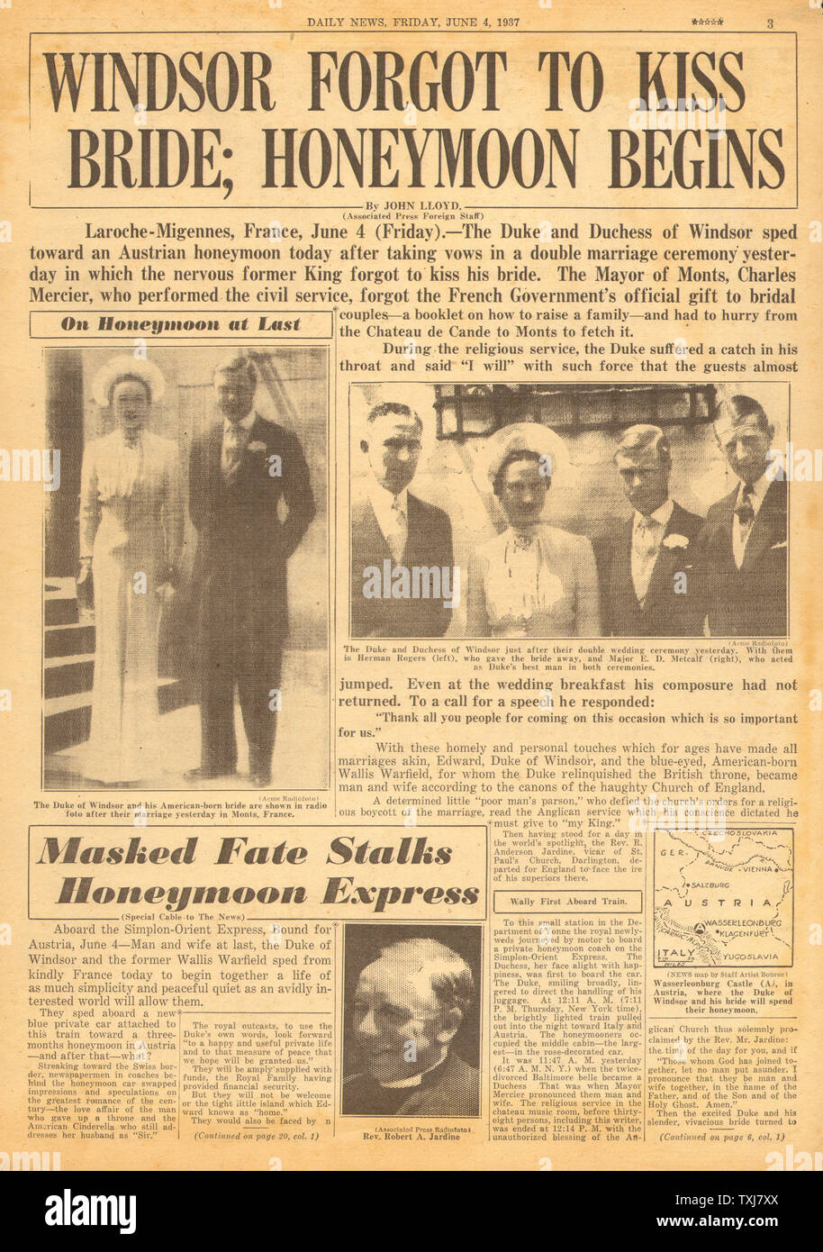 1937 Daily News (New York) page 3 Duc de Windsor épouse Wallis Simpson en France Banque D'Images