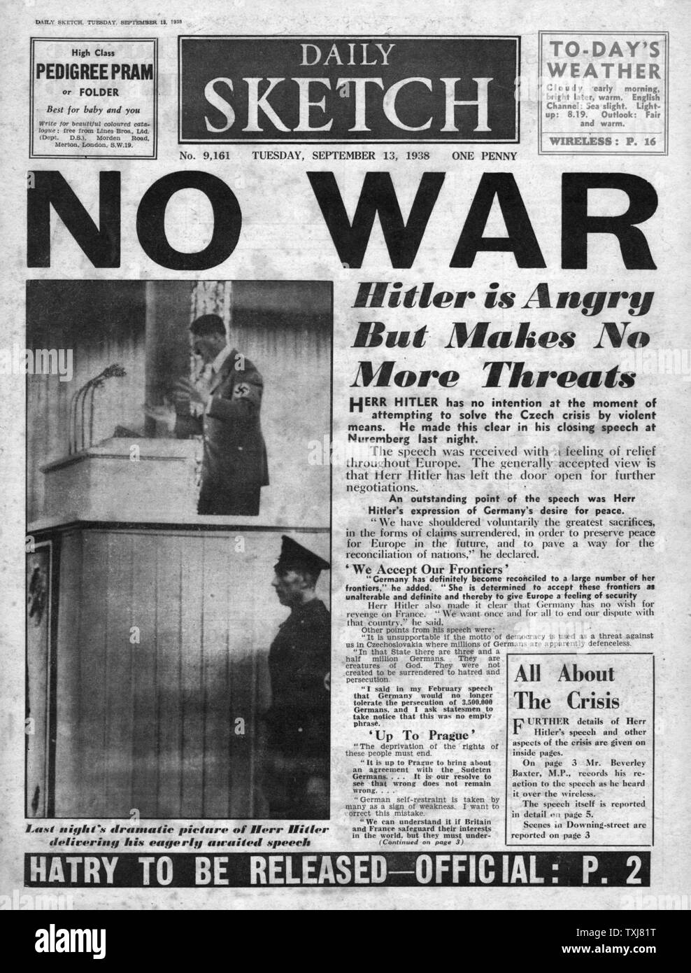 1938 Daily Sketch page de discours d'Adolf Hitler Pas de guerre Banque D'Images