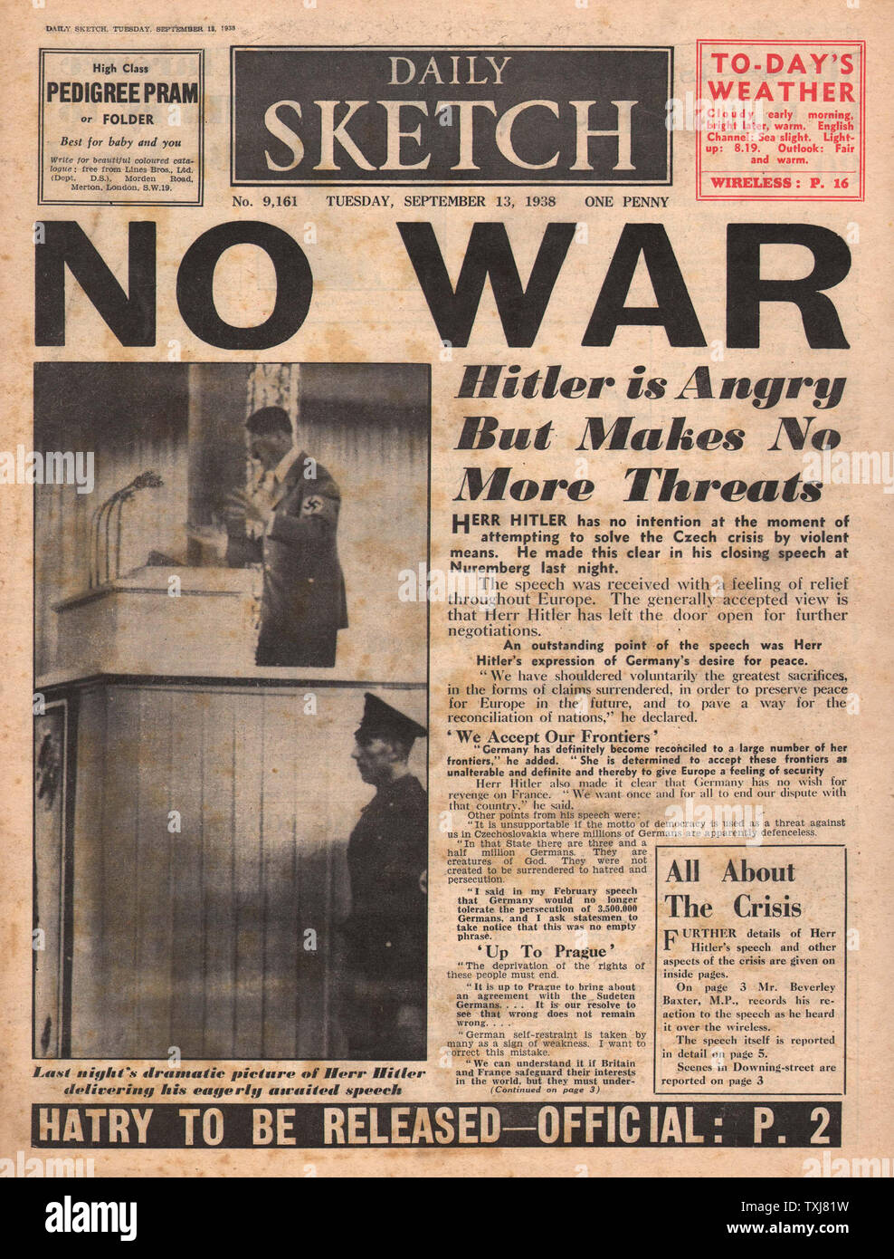 1938 Daily Sketch page de discours d'Adolf Hitler Pas de guerre Banque D'Images