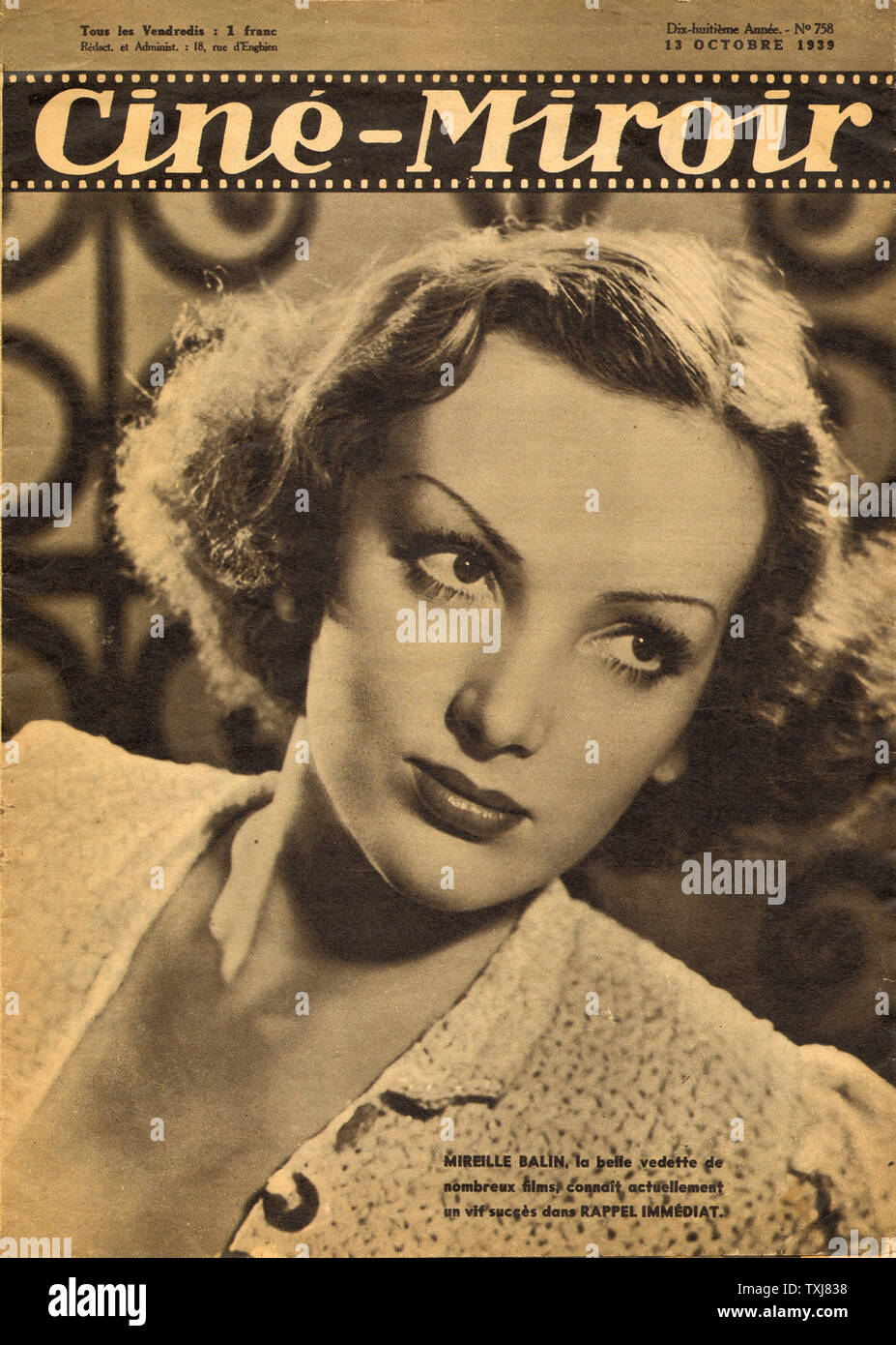 1939 Cine-Miroir actrice Mirielle Balin Banque D'Images