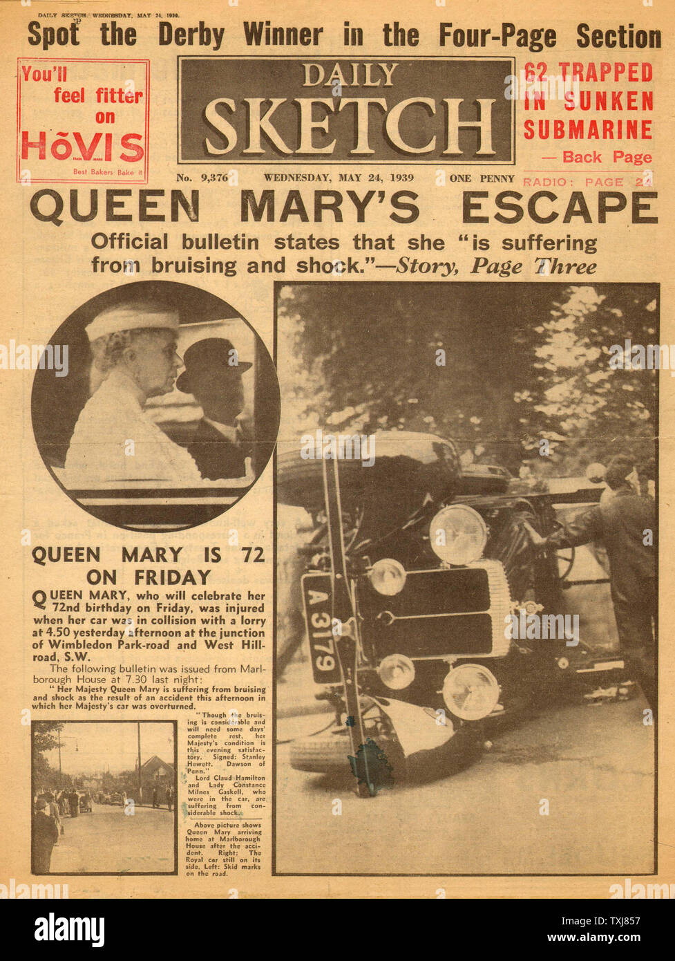 1939 Daily Sketch page de la Reine Mary blessé dans un accident de voiture de Wimbledon Banque D'Images