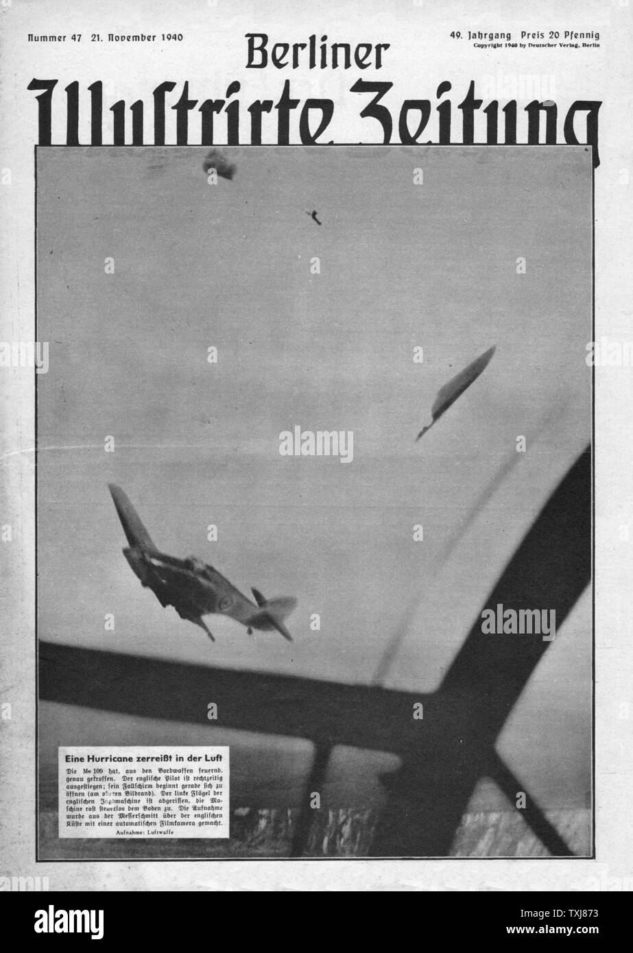1940 Berliner Illustrierte Zeitung abattu chasseur Hurricane Banque D'Images