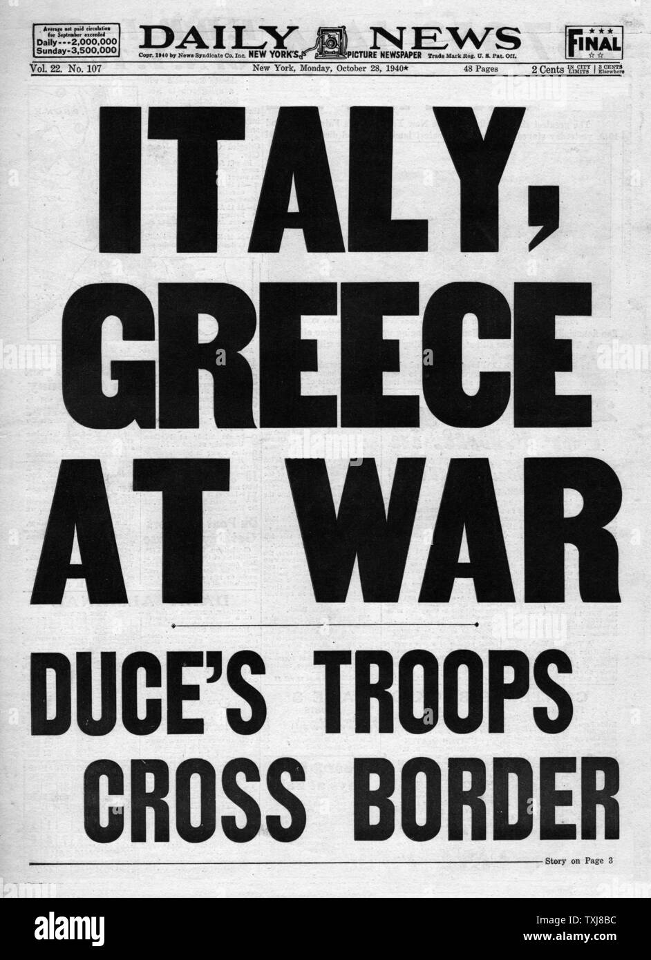 1940 Daily News l'Italie envahit la Grèce Banque D'Images