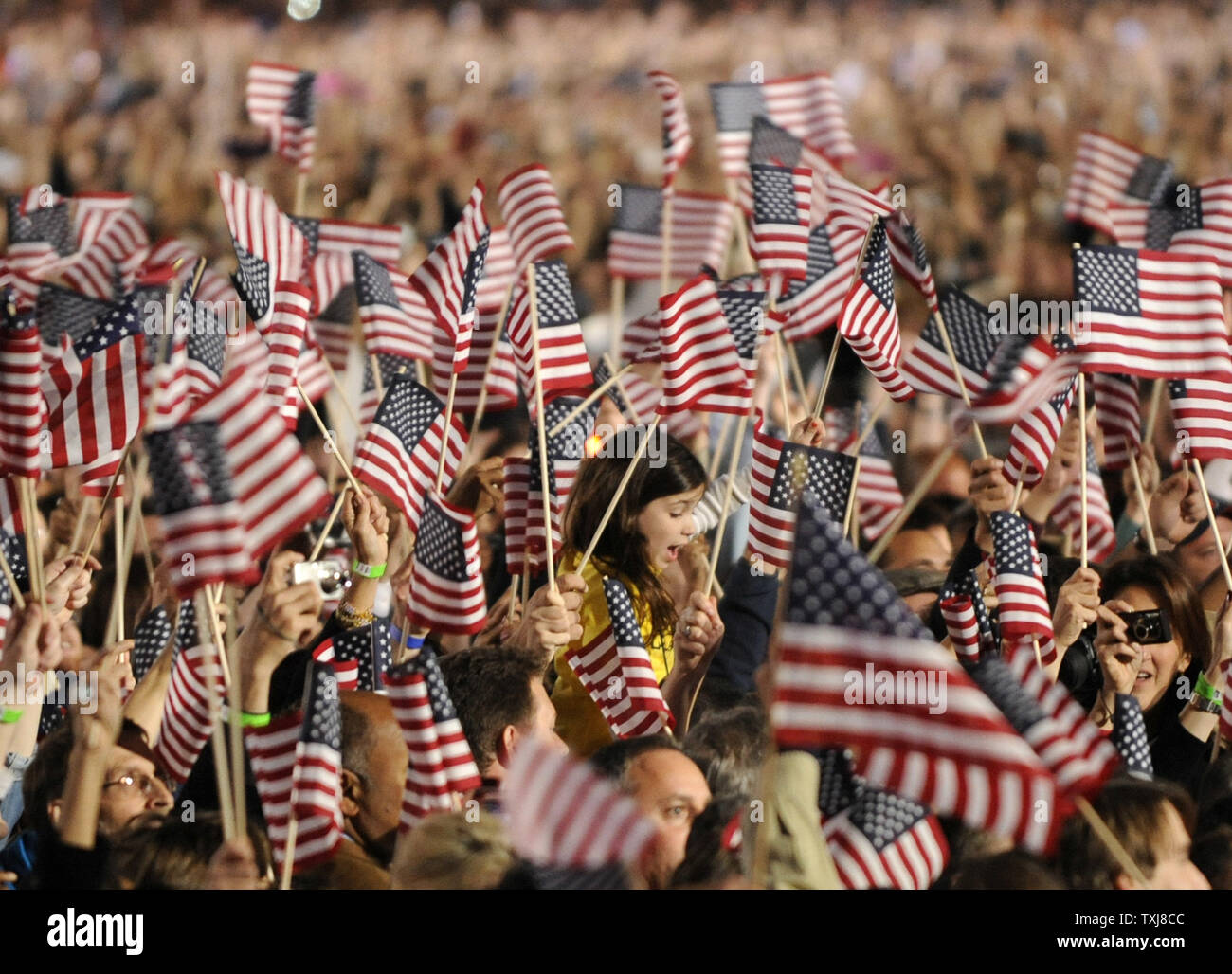 La foule éclate quand il est annoncé que le candidat démocrate Barack Obama a été déclaré vainqueur de la compétition à la présidence par les réseaux de télévision au soir de l'élection d'Obama rally à Grant Park à Chicago le 4 novembre 2008. Plus de 65 000 personnes sont attendues à la manifestation. Obama sera le premier président noir des États-Unis. (Photo d'UPI/Pat Benic) Banque D'Images