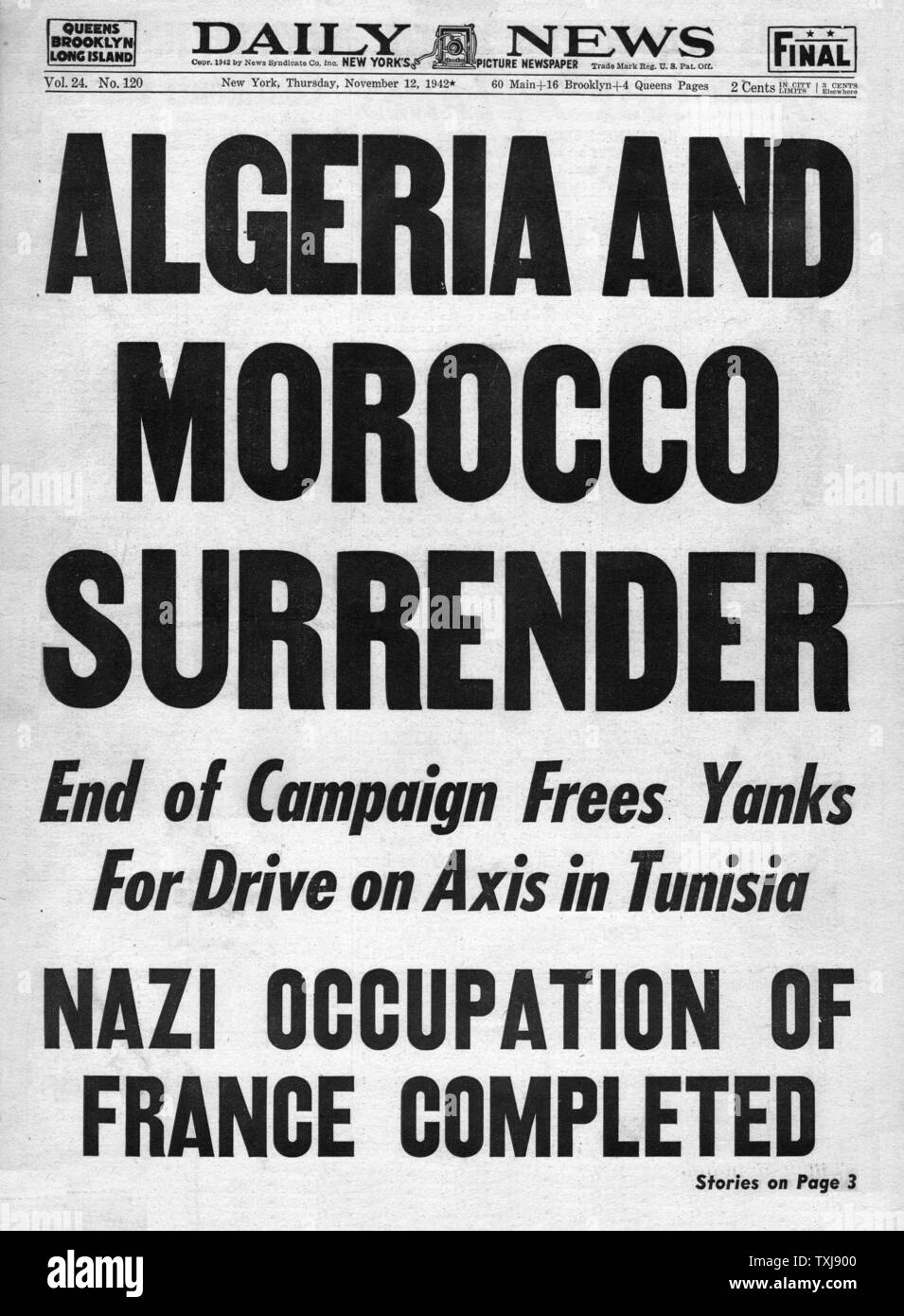 1942 Daily News (New York) L'Algérie et le Maroc se rendre aux Alliés Banque D'Images