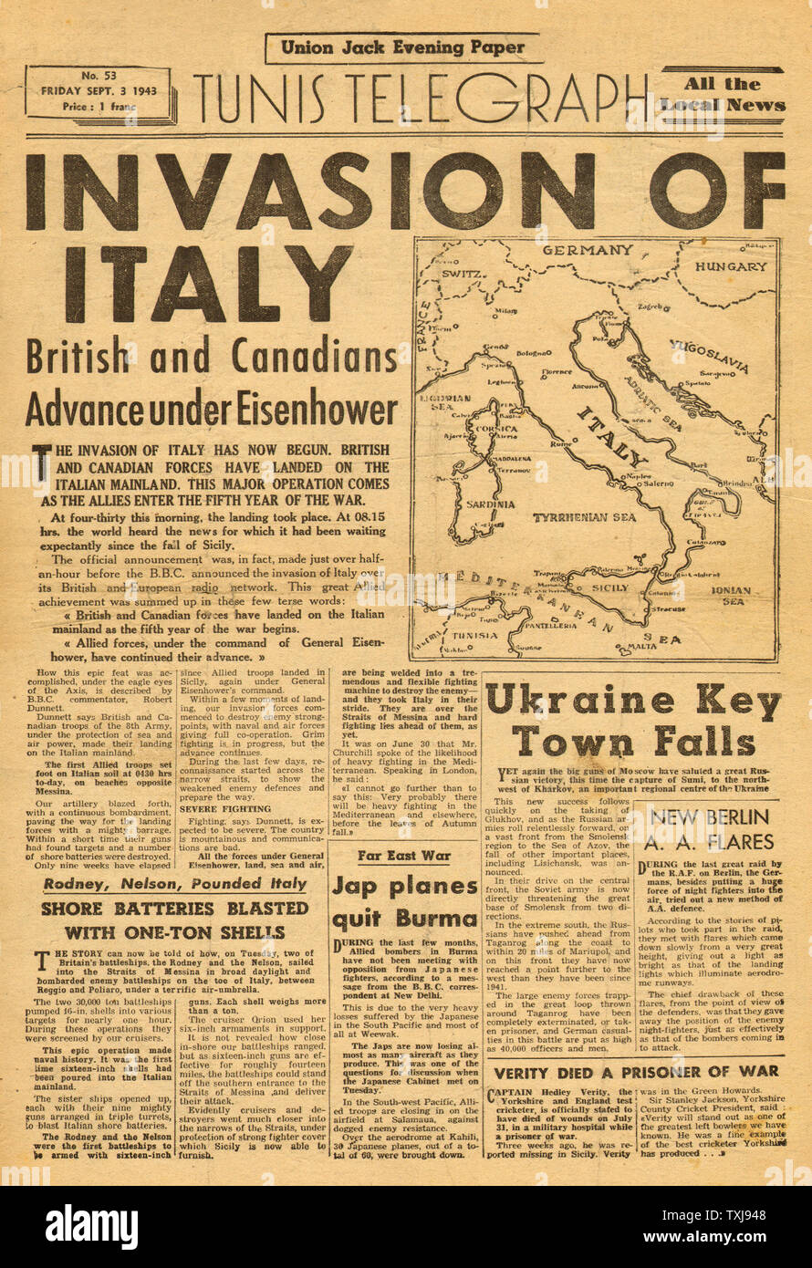 1943 Union Jack papier soir Tunis Telegraph alliés envahissent l'Italie Banque D'Images