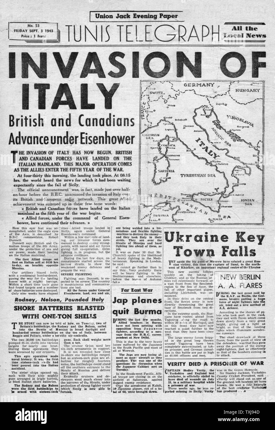 1943 Union Jack papier soir Tunis Telegraph alliés envahissent l'Italie Banque D'Images