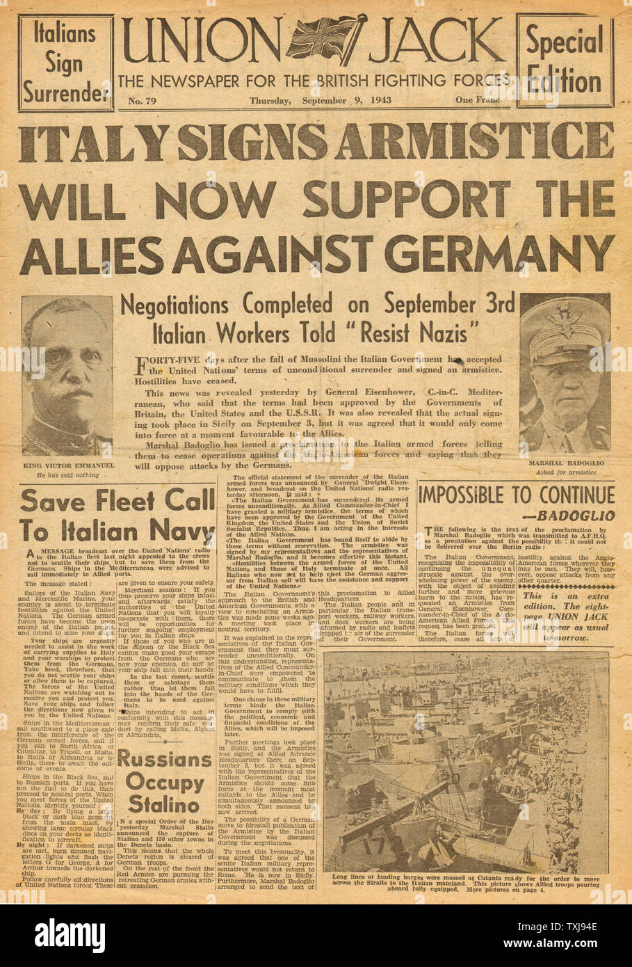 1943 Union Jack (papier militaire britannique) L'Italie cède Banque D'Images