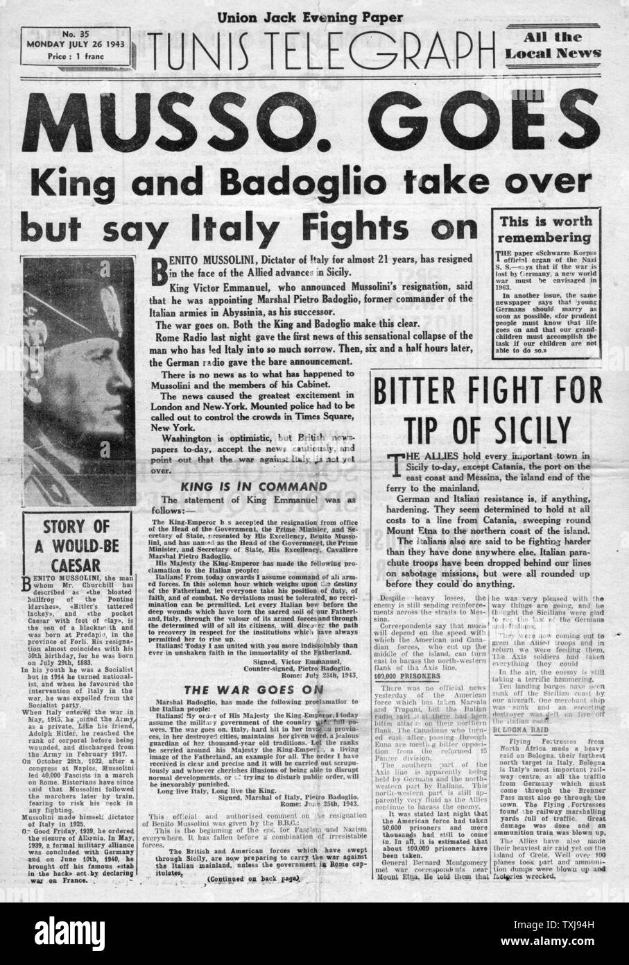 1943 Union Jack papier soir Tunis Telegraph Benito Mussolini démissionne Banque D'Images