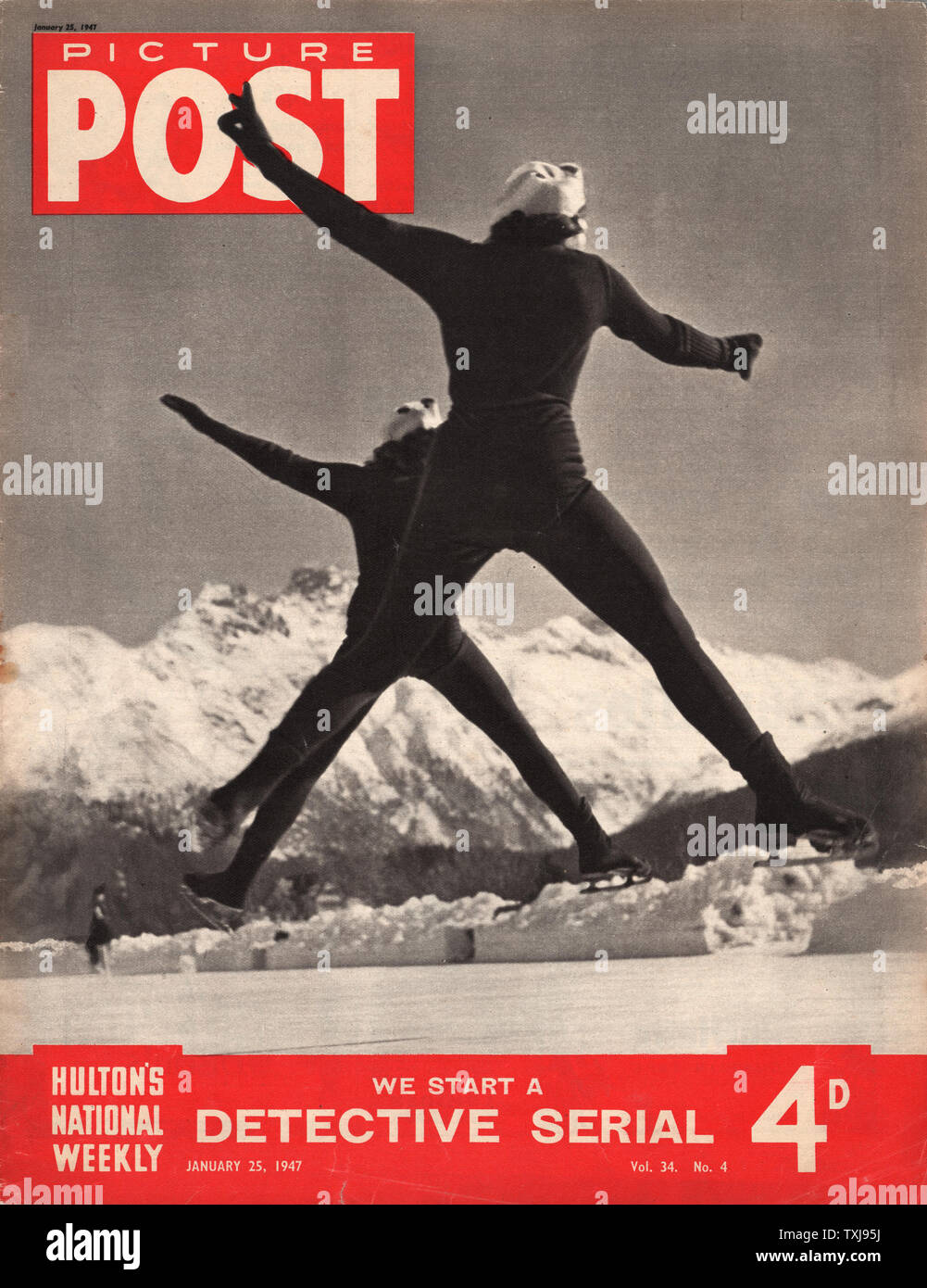 1947 Photo Post magazine front page montrant deux dames patinage sur glace Banque D'Images