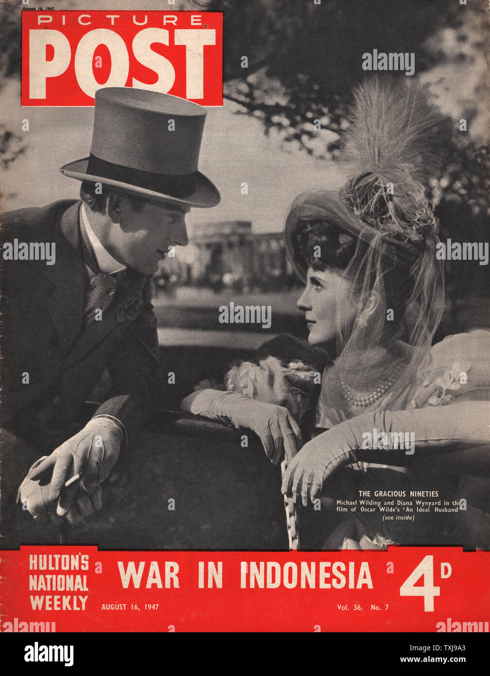 1947 Photo Post magazine front page montrant Diana Wynyard et Michael Wilding dans le film Un mari idéal Banque D'Images