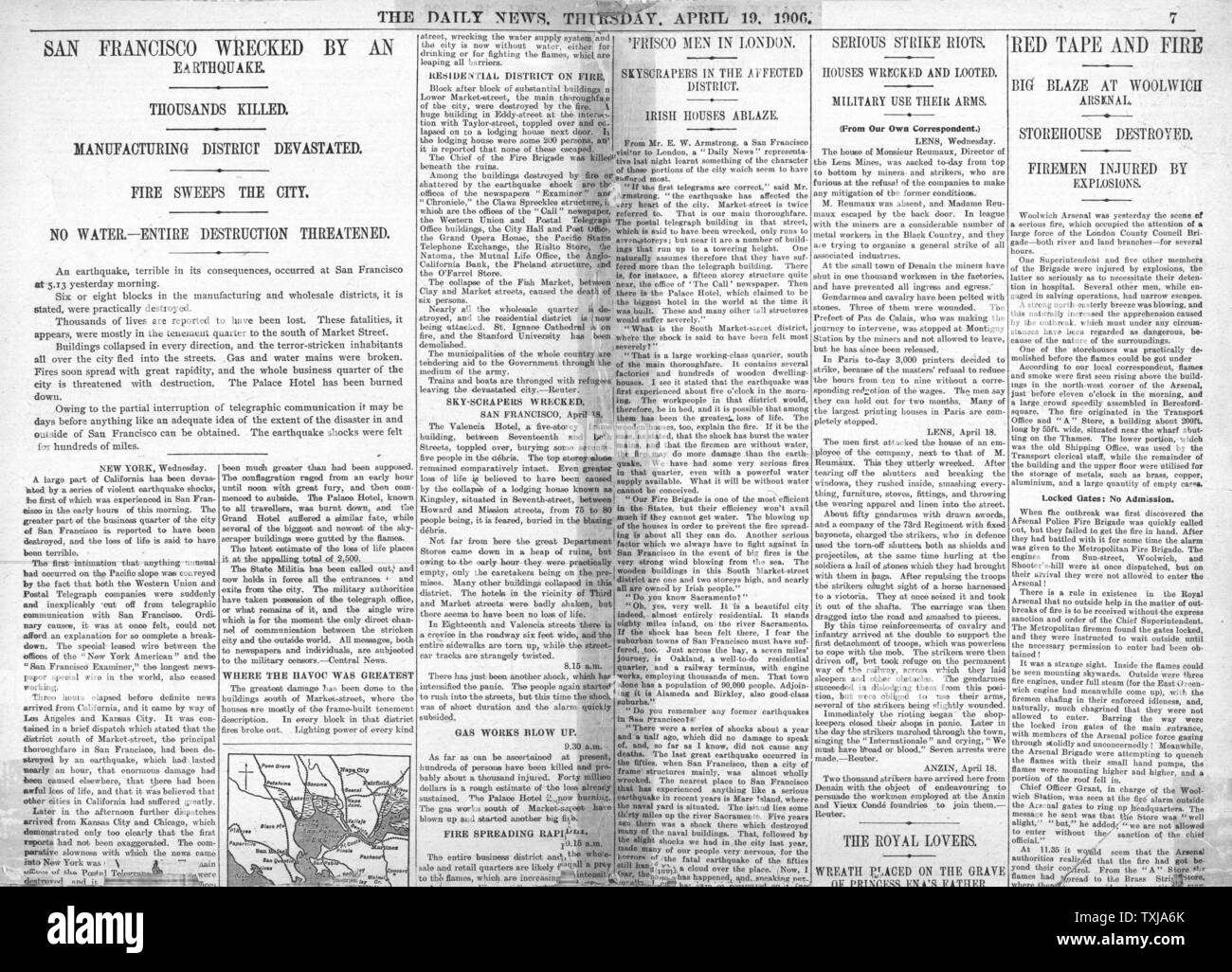 1906 journal Daily News front page Tremblement de terre de San Francisco Banque D'Images