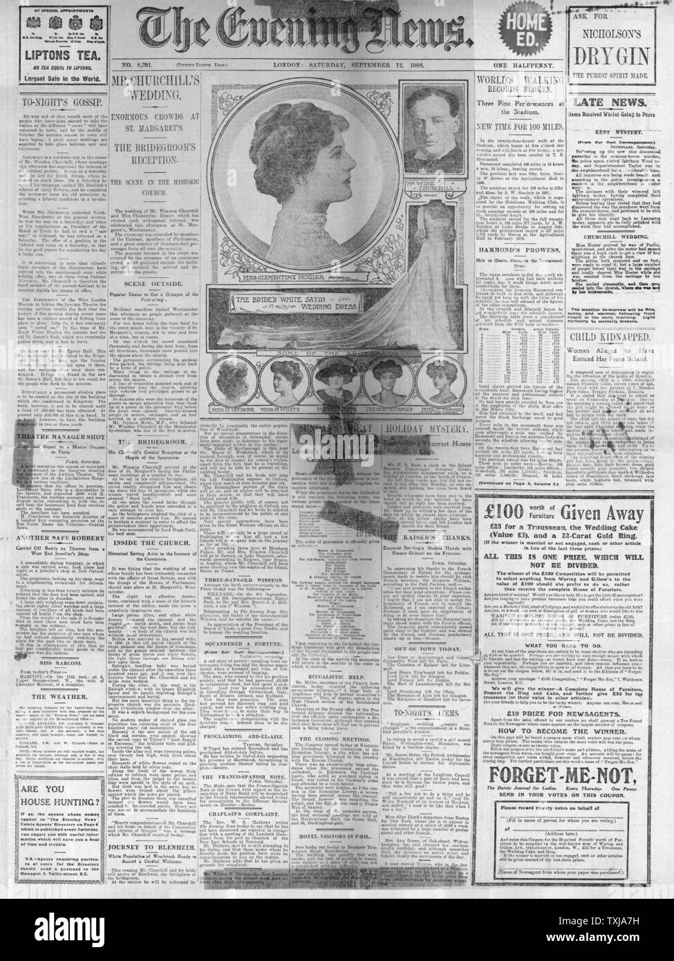 1908 La soirée News front page Mariage de Winston Churchill Banque D'Images