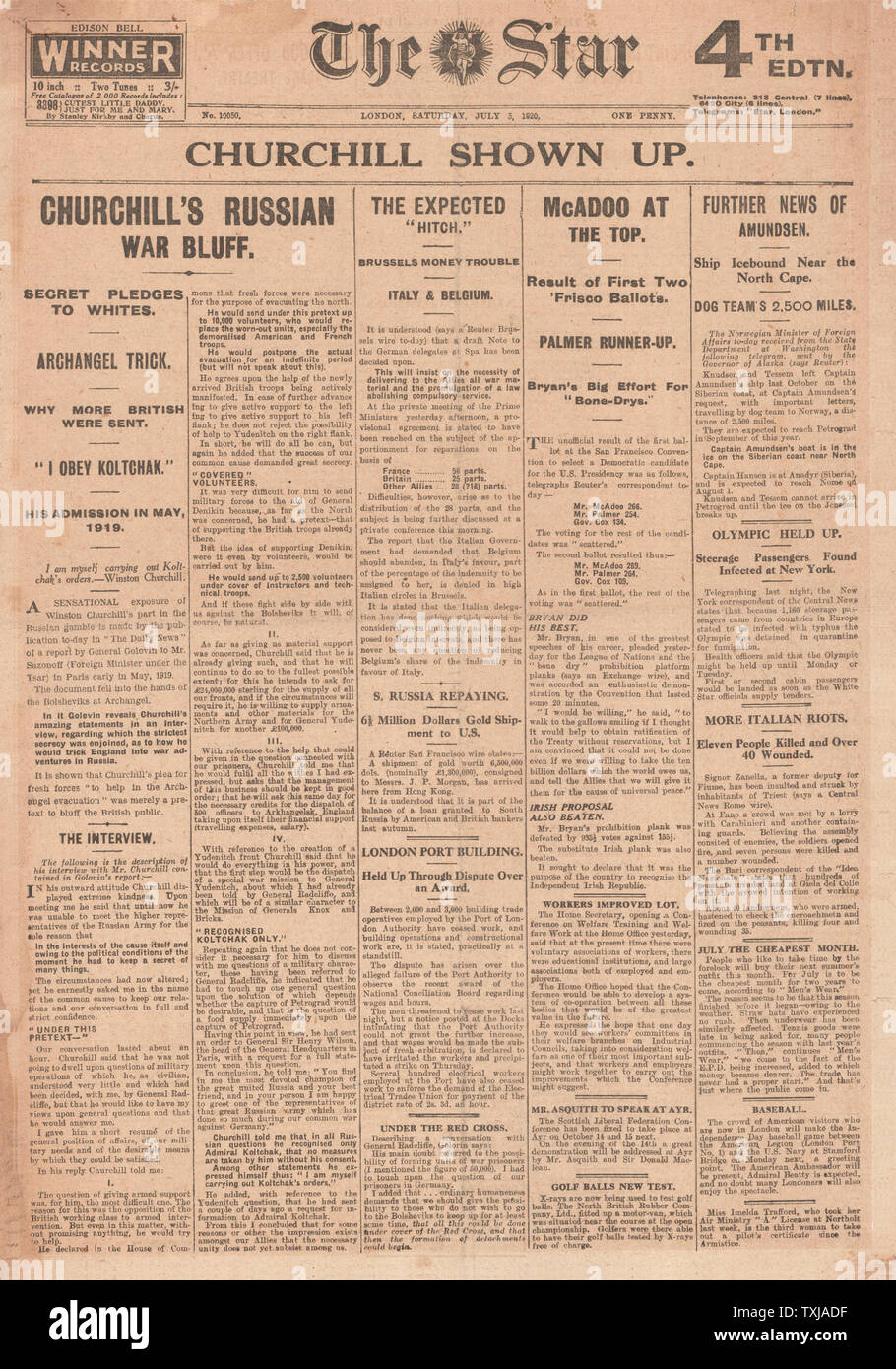 1920 La Star Newspaper front page Churchill's Bluff guerre russe Banque D'Images