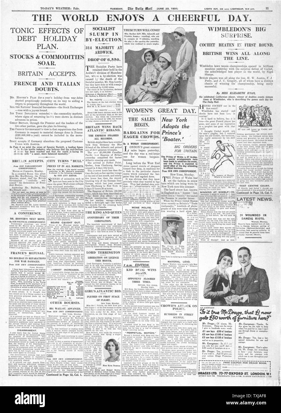 1931 Première page de journal Daily Mail monde bénéficie d'un jour joyeux Banque D'Images