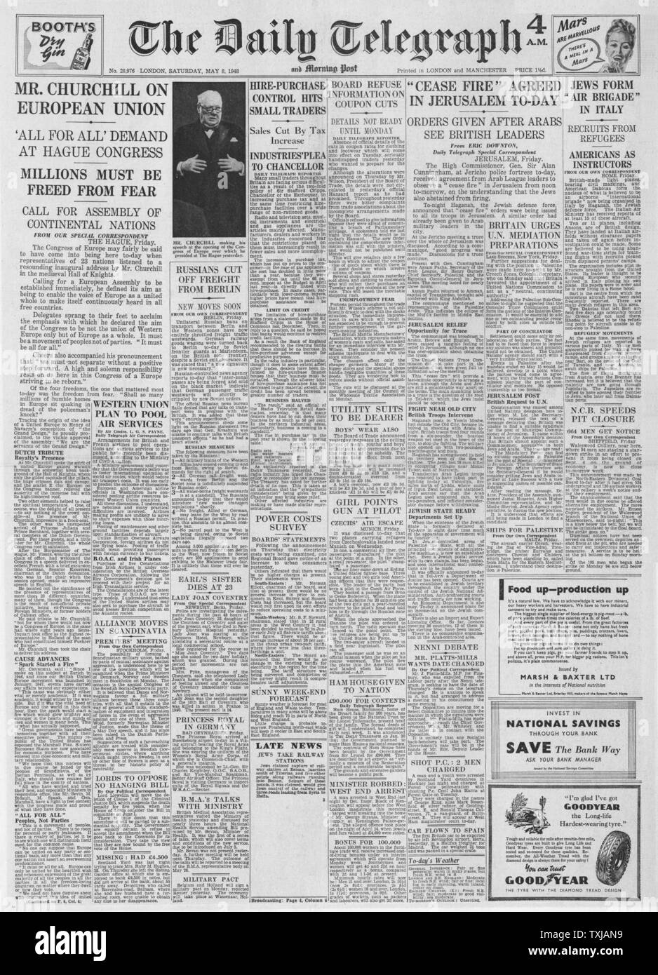 1948 Daily Telegraph front page Churchill lors du congrès de l'Europe Banque D'Images