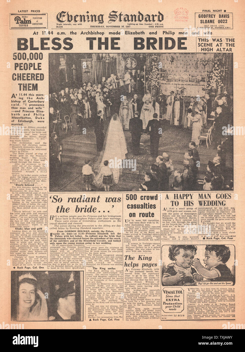1947 Evening Standard newspaper front page Princess Elizabeth épouse Philip Mountbatten, duc d'Édimbourg Banque D'Images
