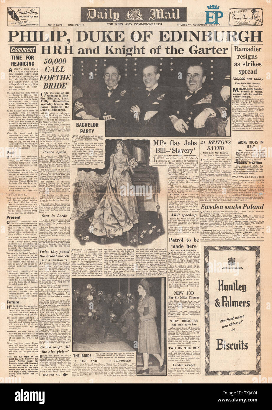 1947 Première page de journal Daily Mail Princess Elizabeth épouse Philip Mountbatten, duc d'Édimbourg Banque D'Images