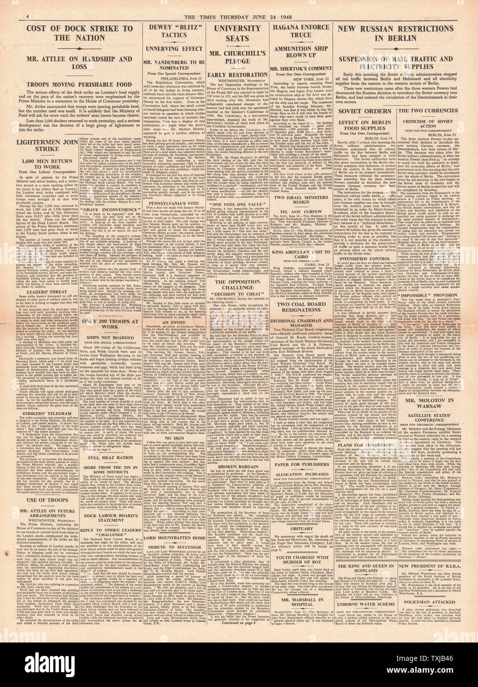 1948 Le journal The Times page 4 Pont Aérien de Berlin Banque D'Images