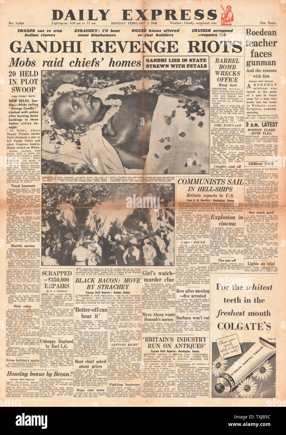 1948 Première page de journal Daily Express le Mahatma Gandhi assassiné Banque D'Images