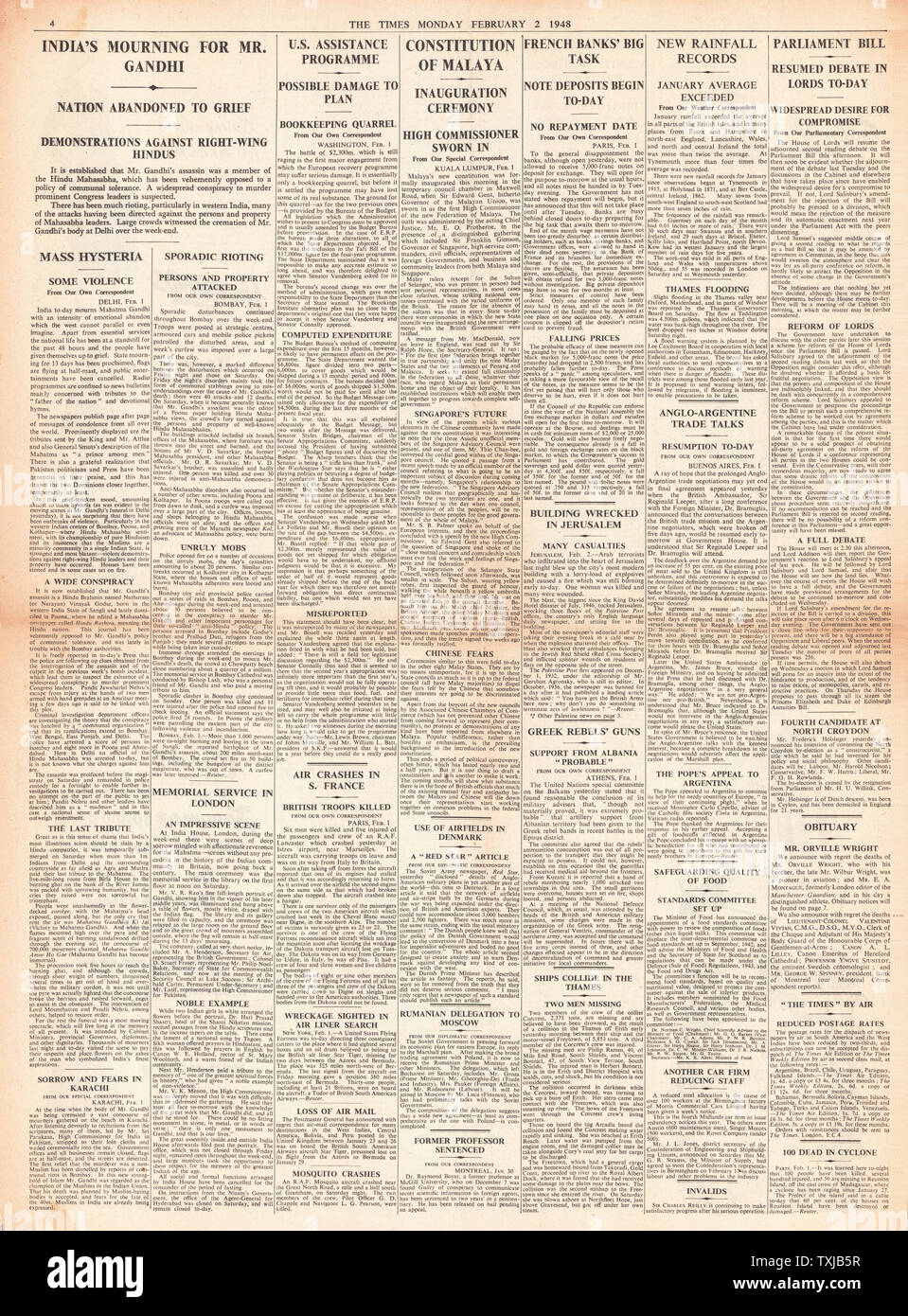 1948 Le journal The Times page 4 Le Mahatma Gandhi assassiné Banque D'Images