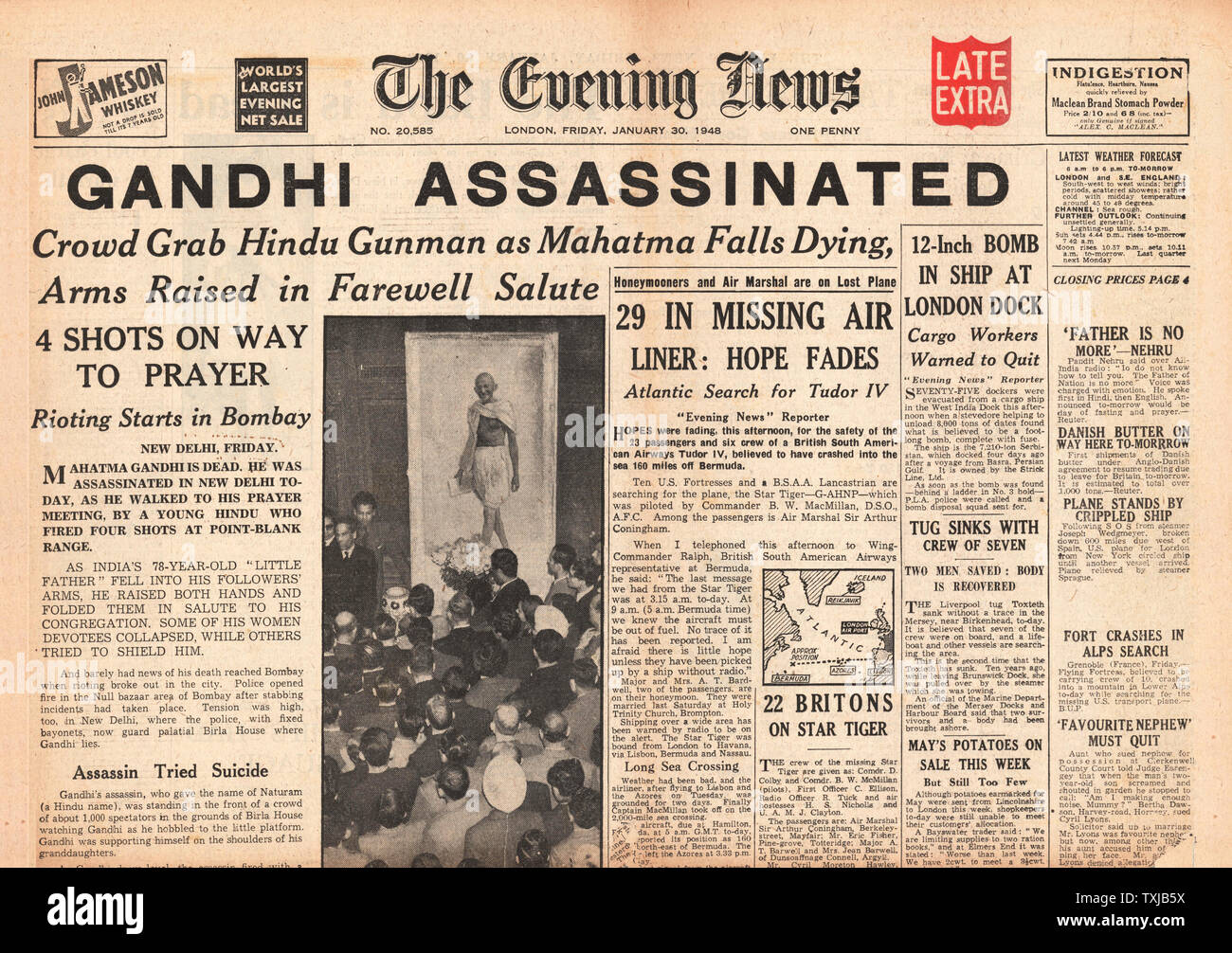 1948 journal du soir News front page le Mahatma Gandhi assassiné Banque D'Images