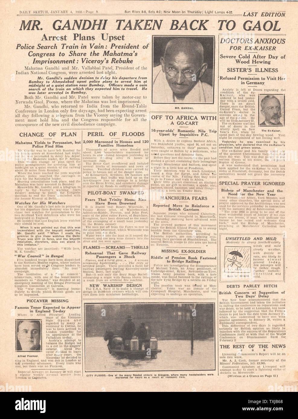 1932 Daily Journal croquis page Mahatma Ghandi envoyé en prison Banque D'Images